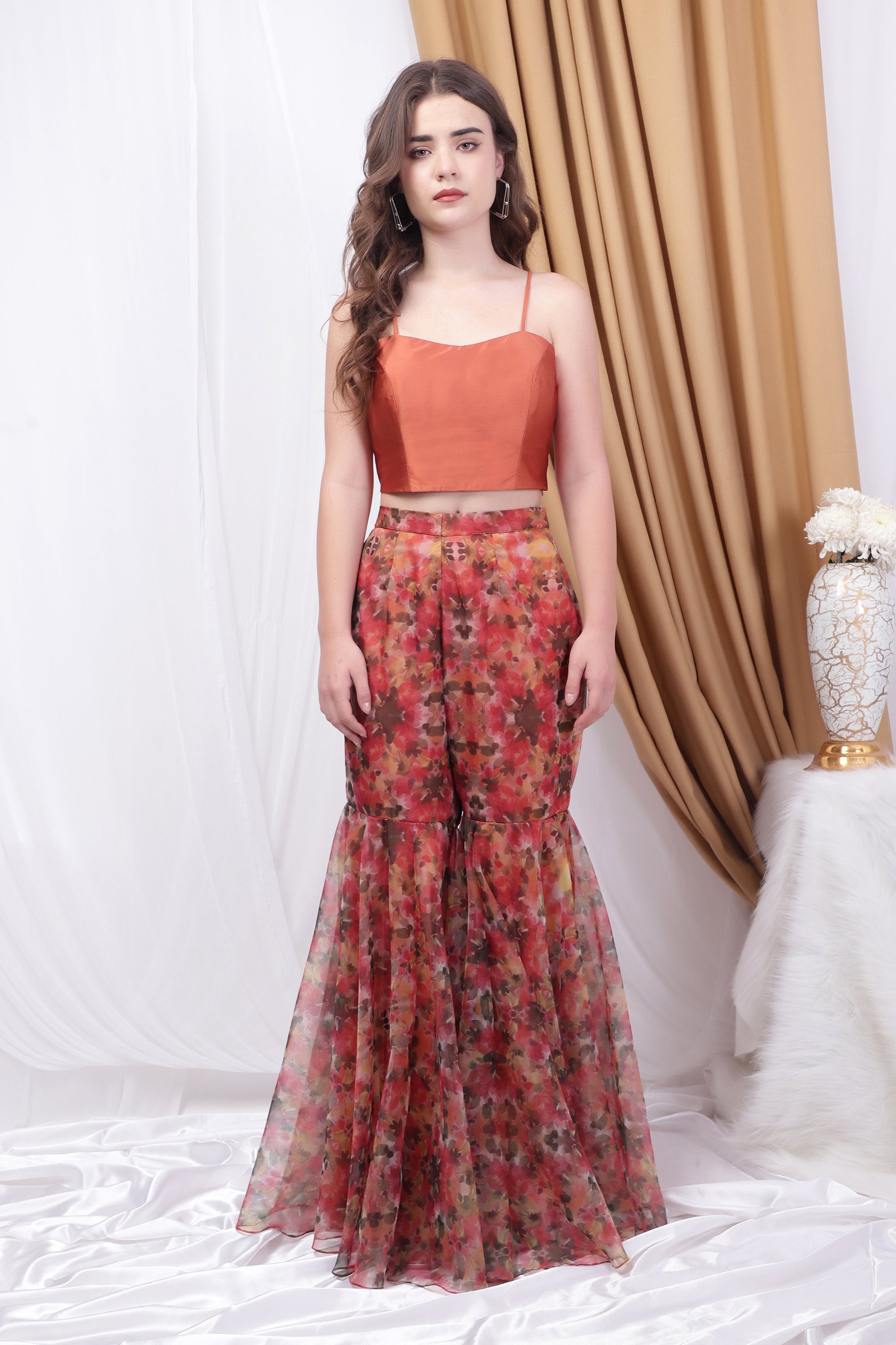 Rust Orange Printed Sharara Set With Dupatta