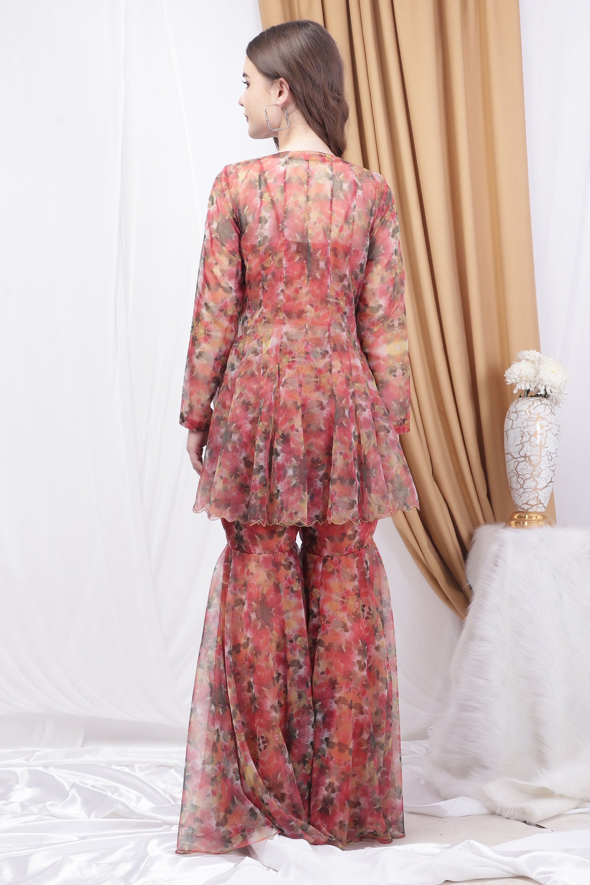 Rust Orange Printed Sharara Set With Dupatta