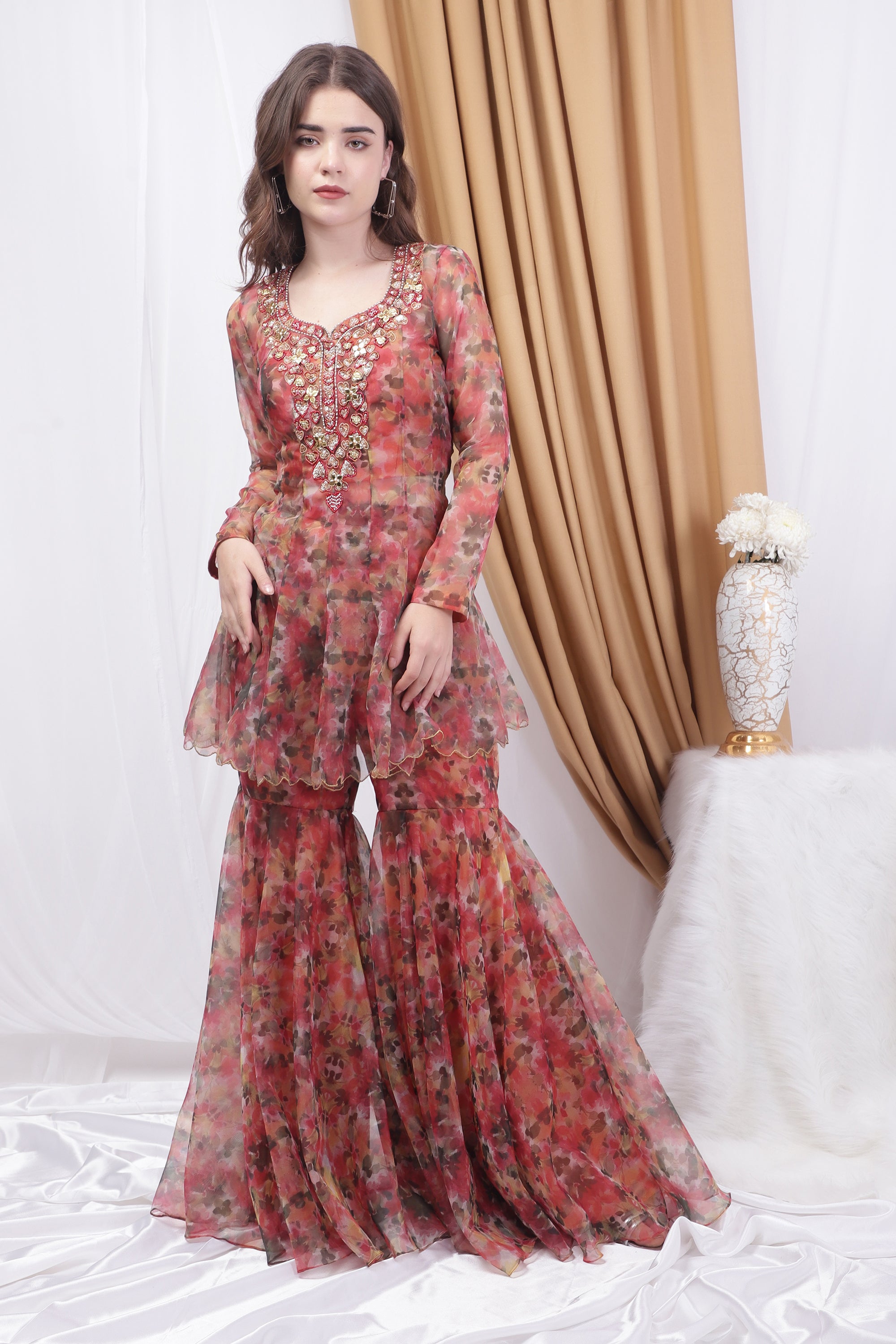 Rust Orange Printed Sharara Set With Dupatta