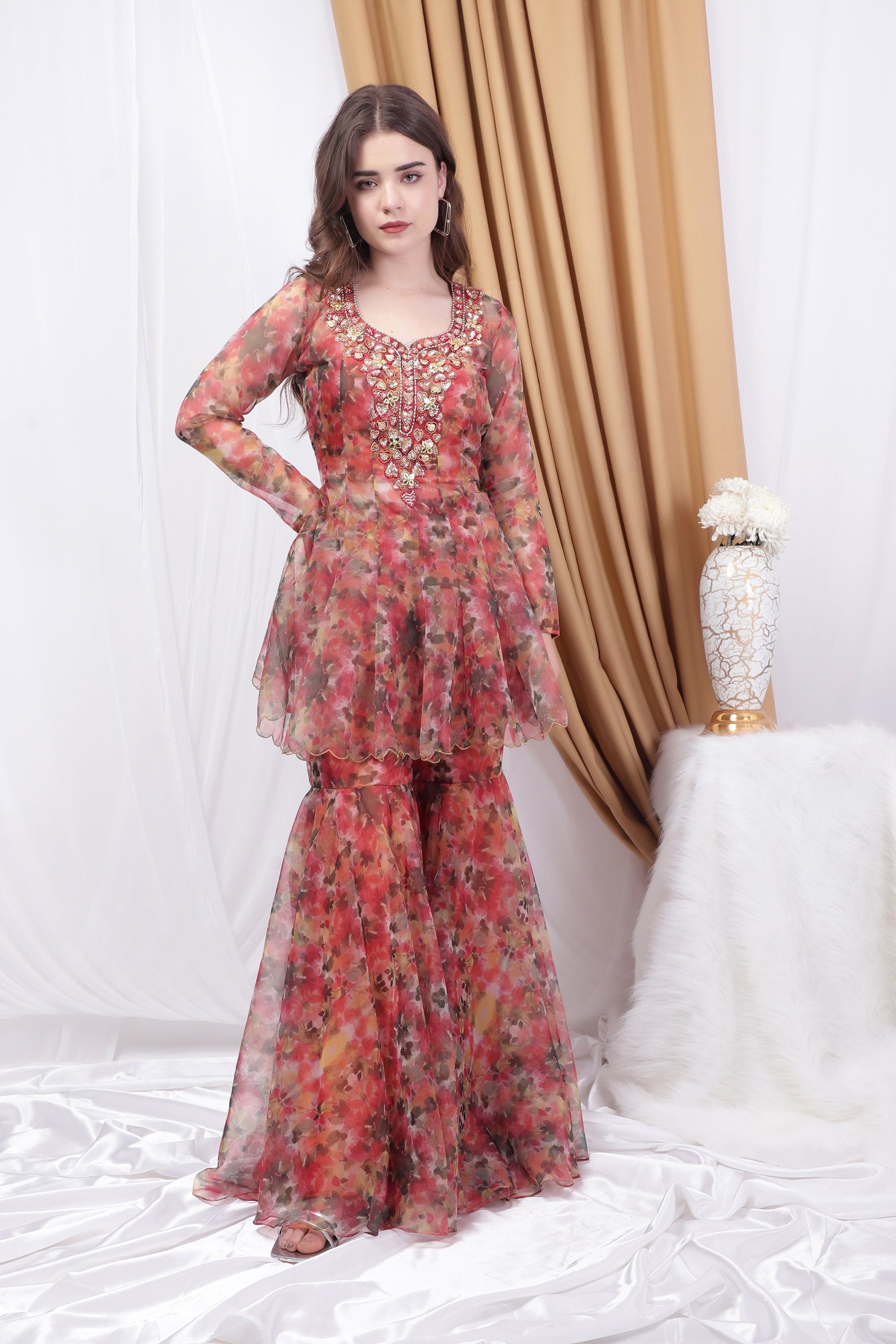 Rust Orange Printed Sharara Set With Dupatta