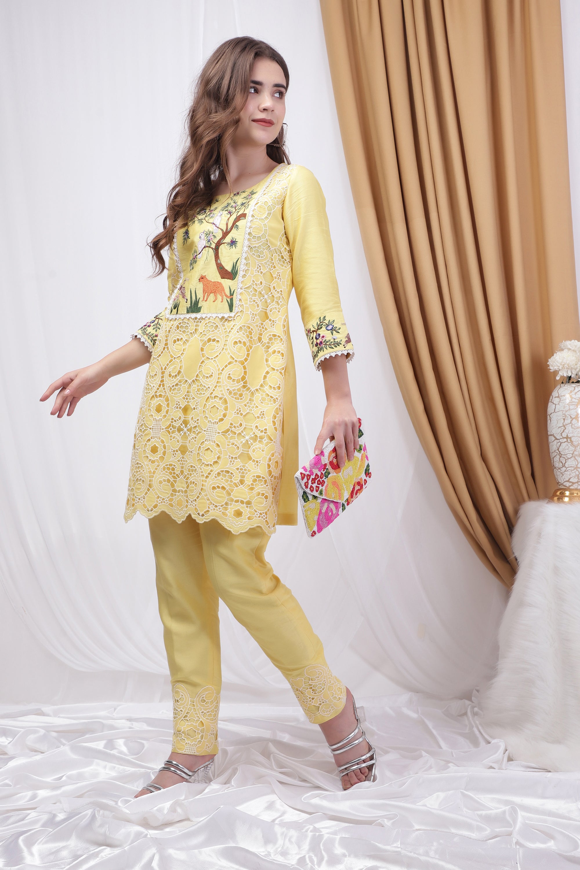 Lemon Yellow Embroidered and Patchwork Co-ord Set