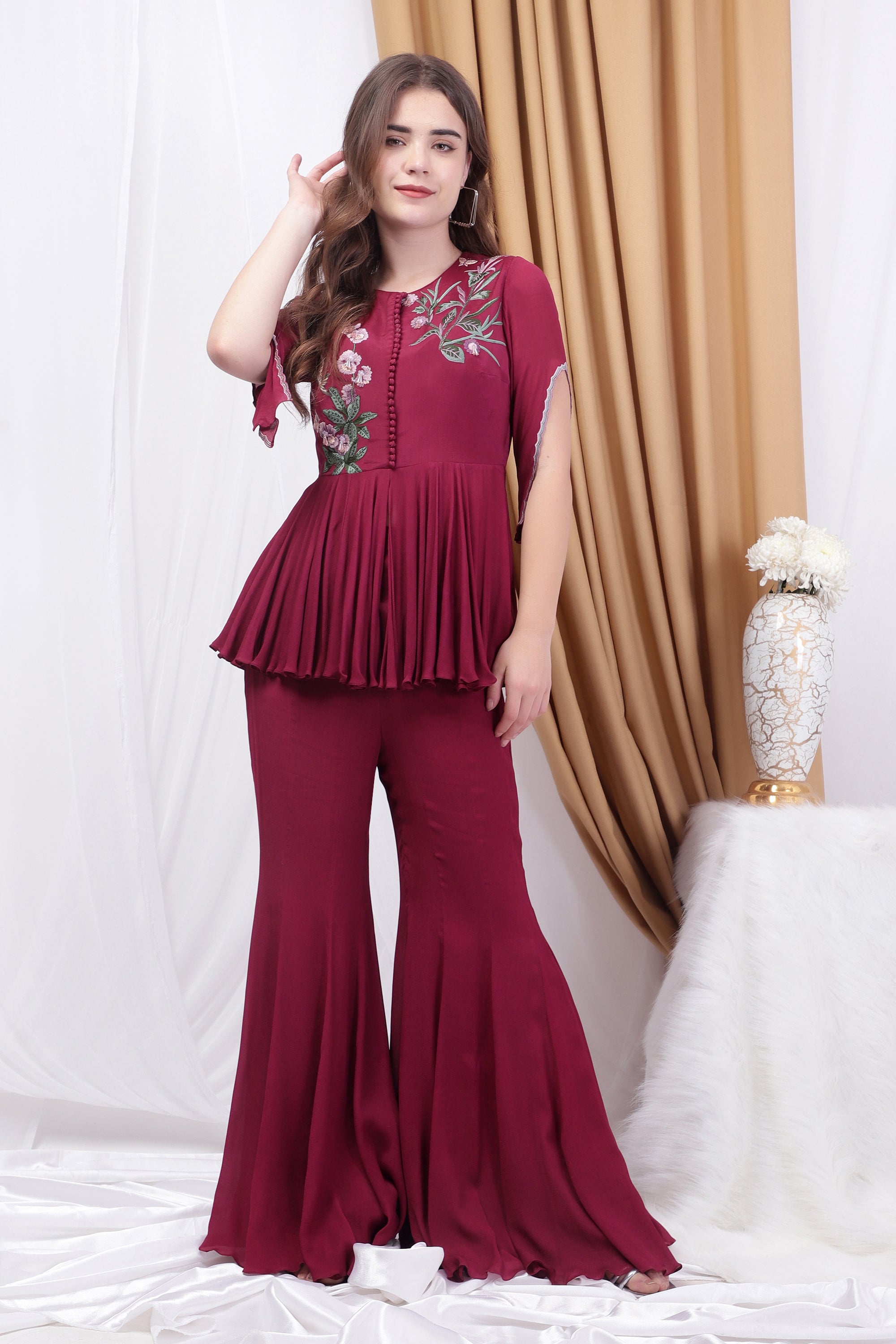 Wine Embroidered Co-ord Set
