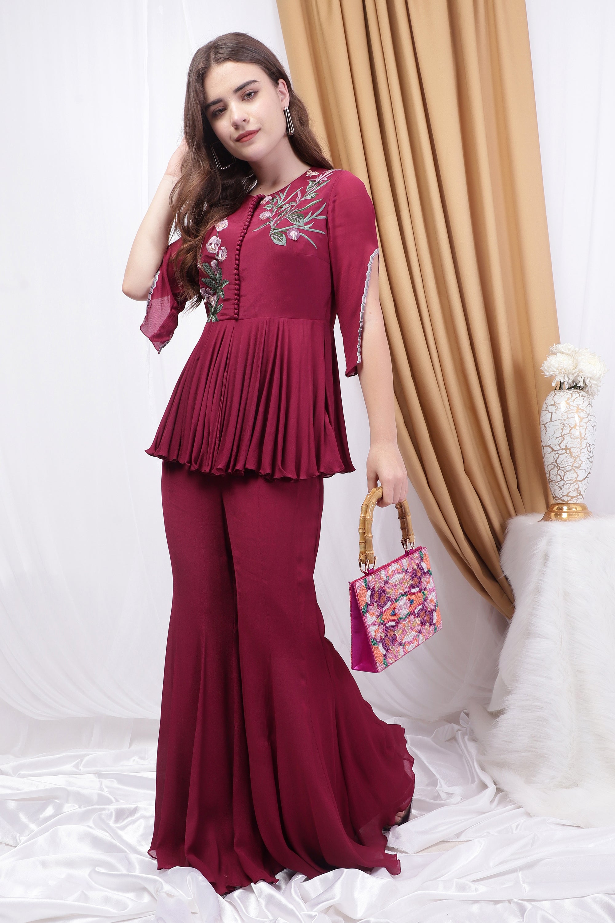 Wine Embroidered Co-ord Set