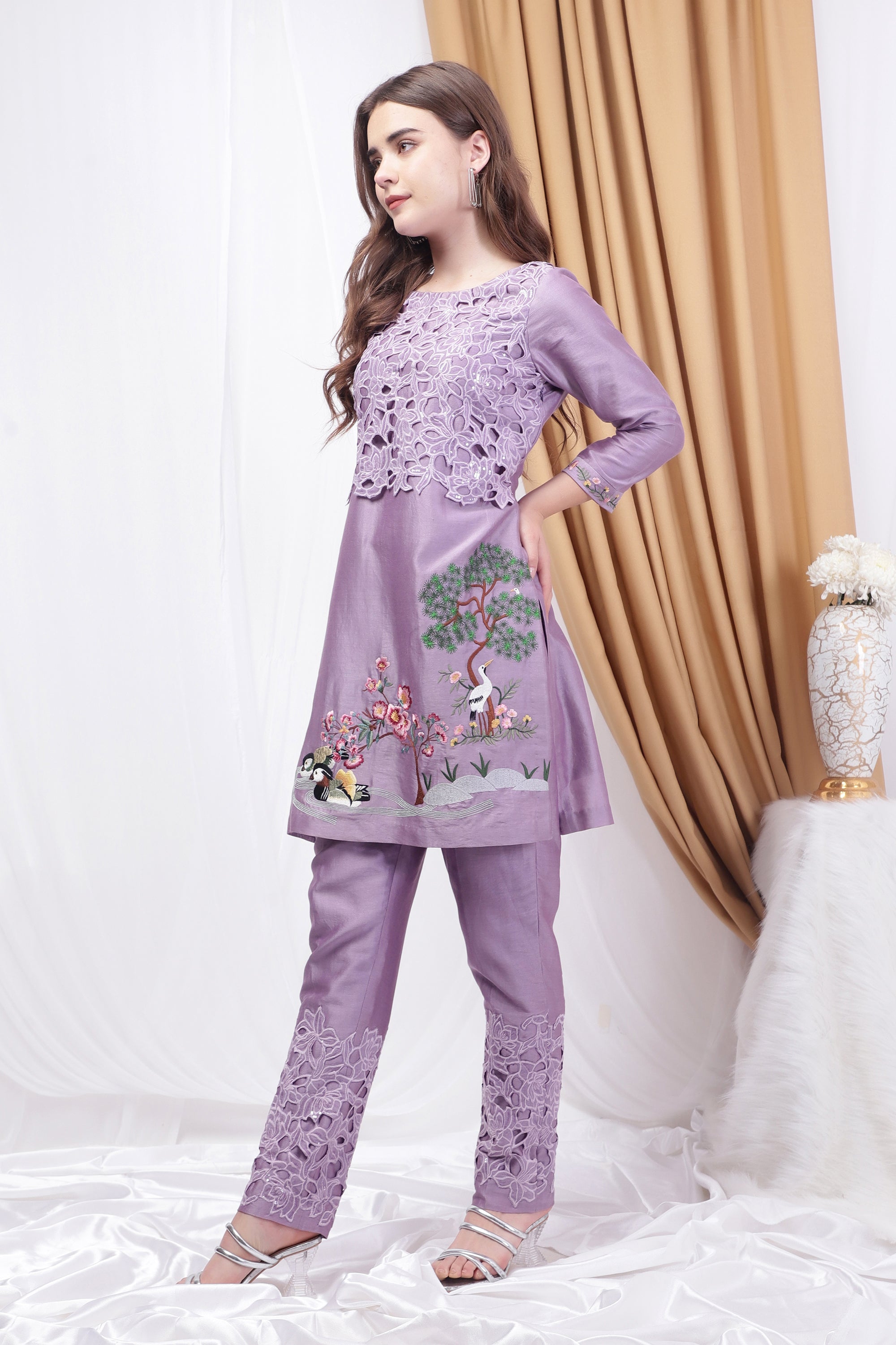 Lavender Embroidered and patchwork Co-ord Set