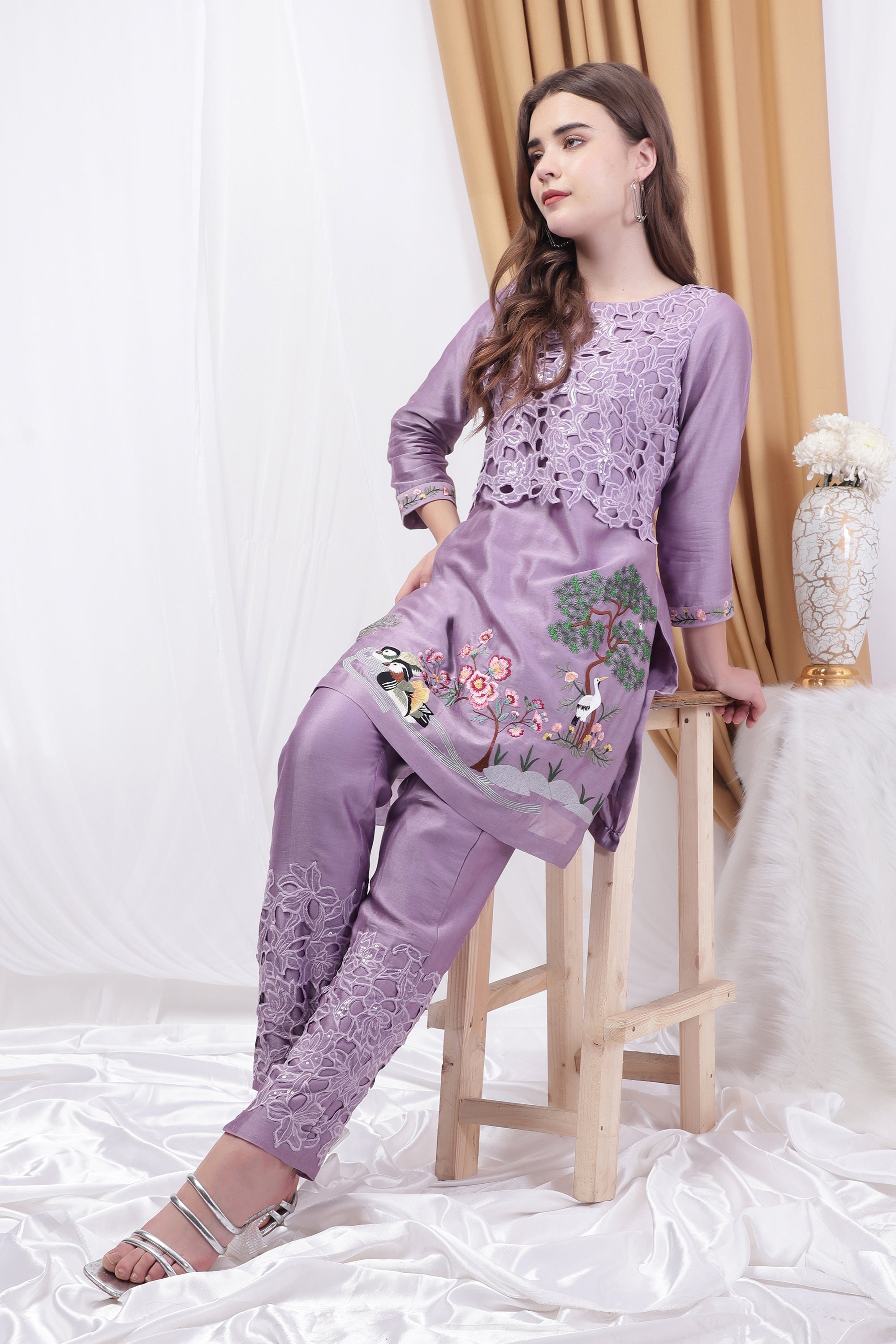 Lavender Embroidered and patchwork Co-ord Set