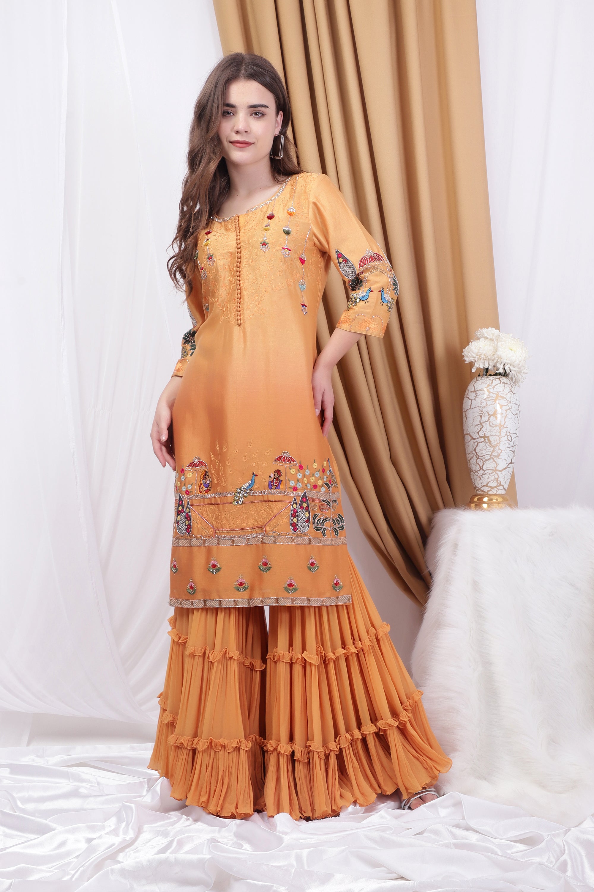 Yellow shaded Embroidered sharara set