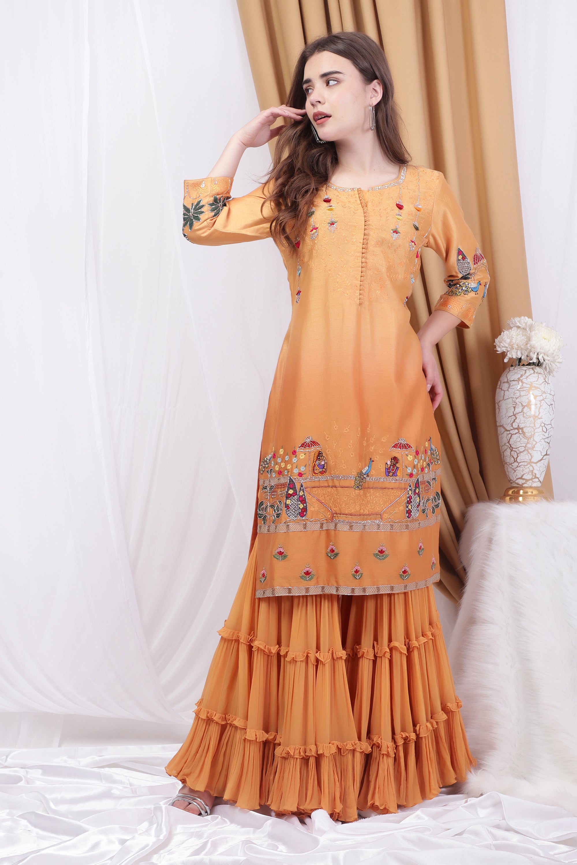 Yellow shaded Embroidered sharara set