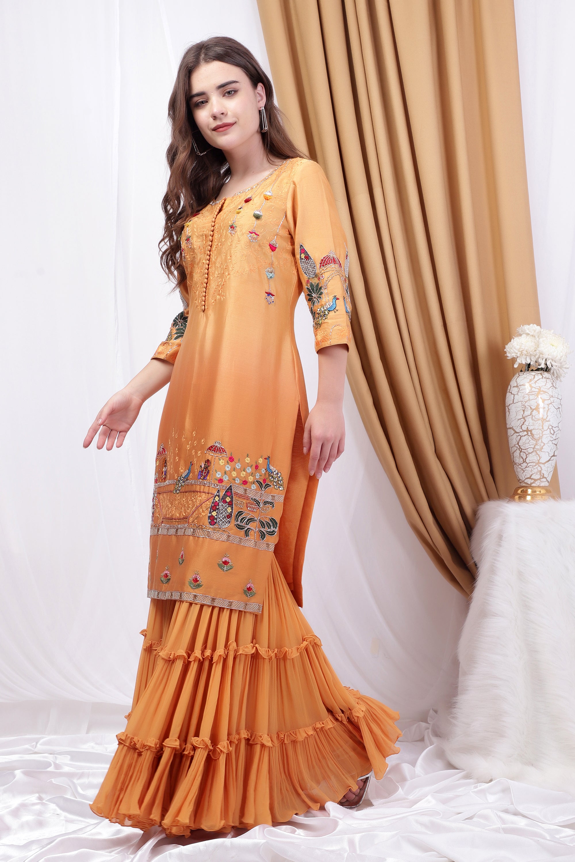 Yellow shaded Embroidered sharara set