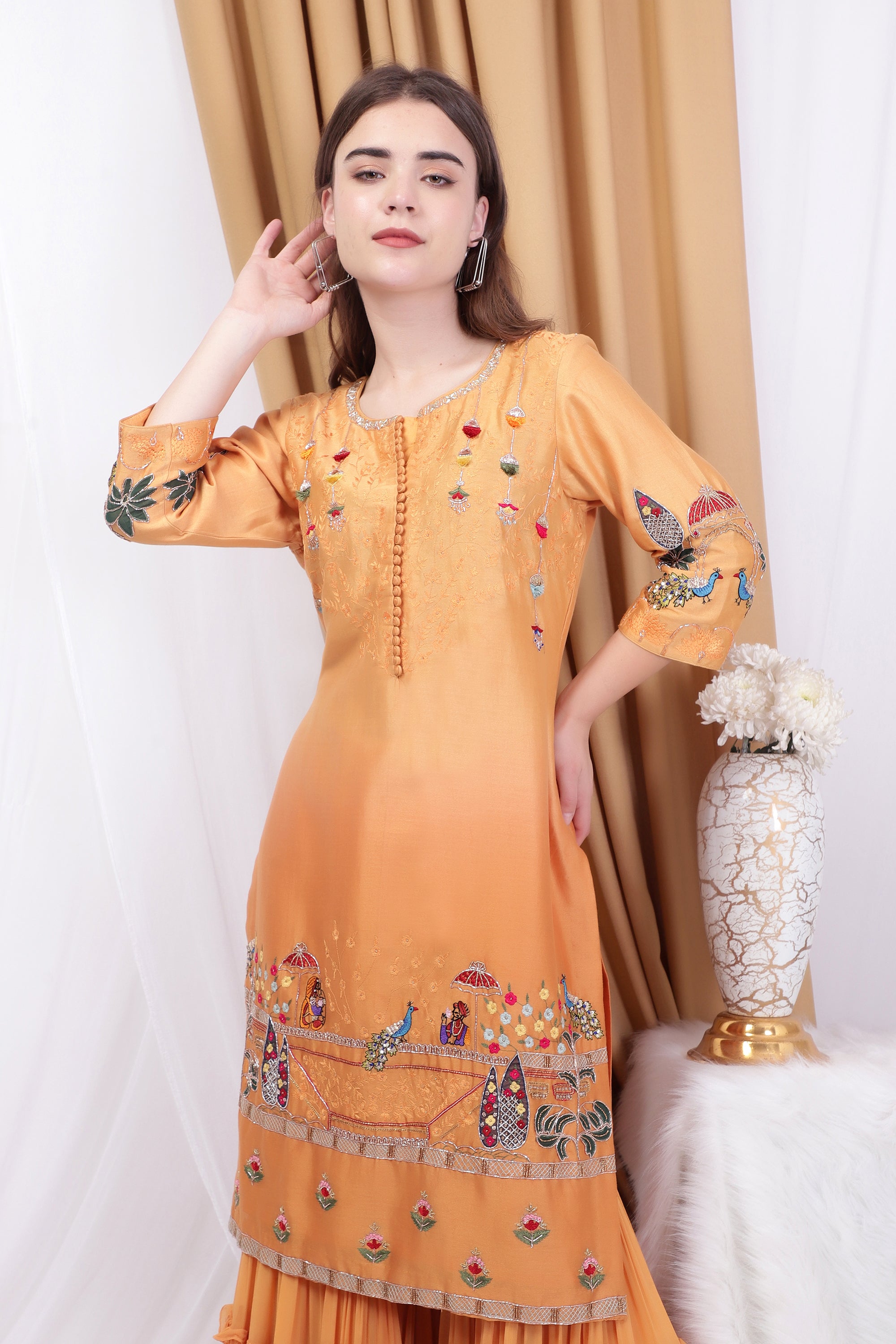 Yellow shaded Embroidered sharara set