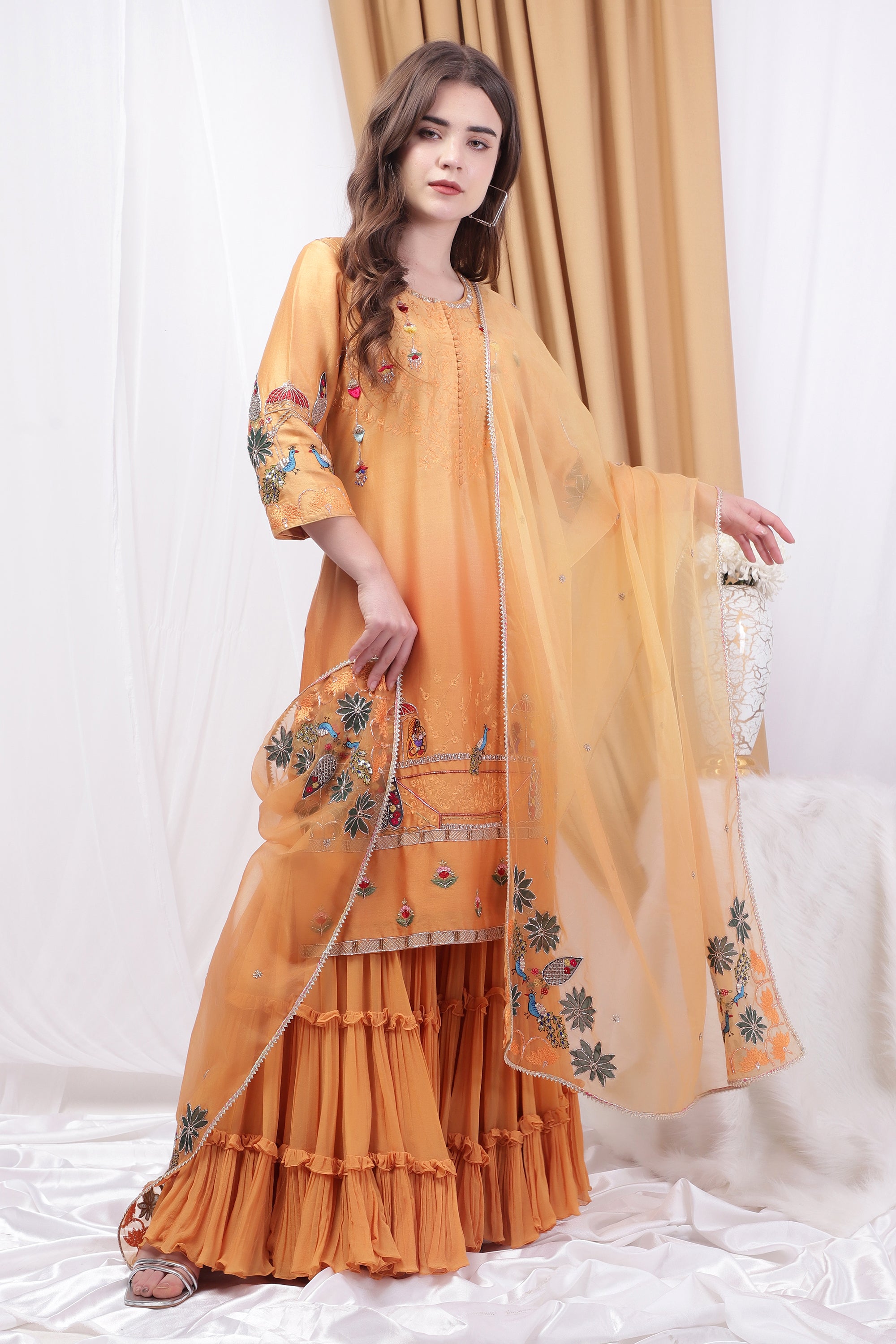 Yellow shaded Embroidered sharara set