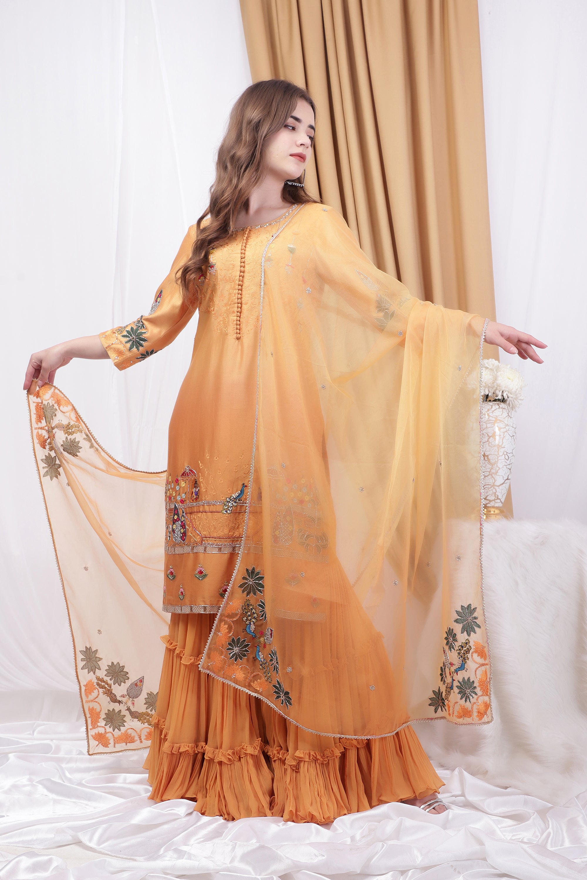 Yellow shaded Embroidered sharara set