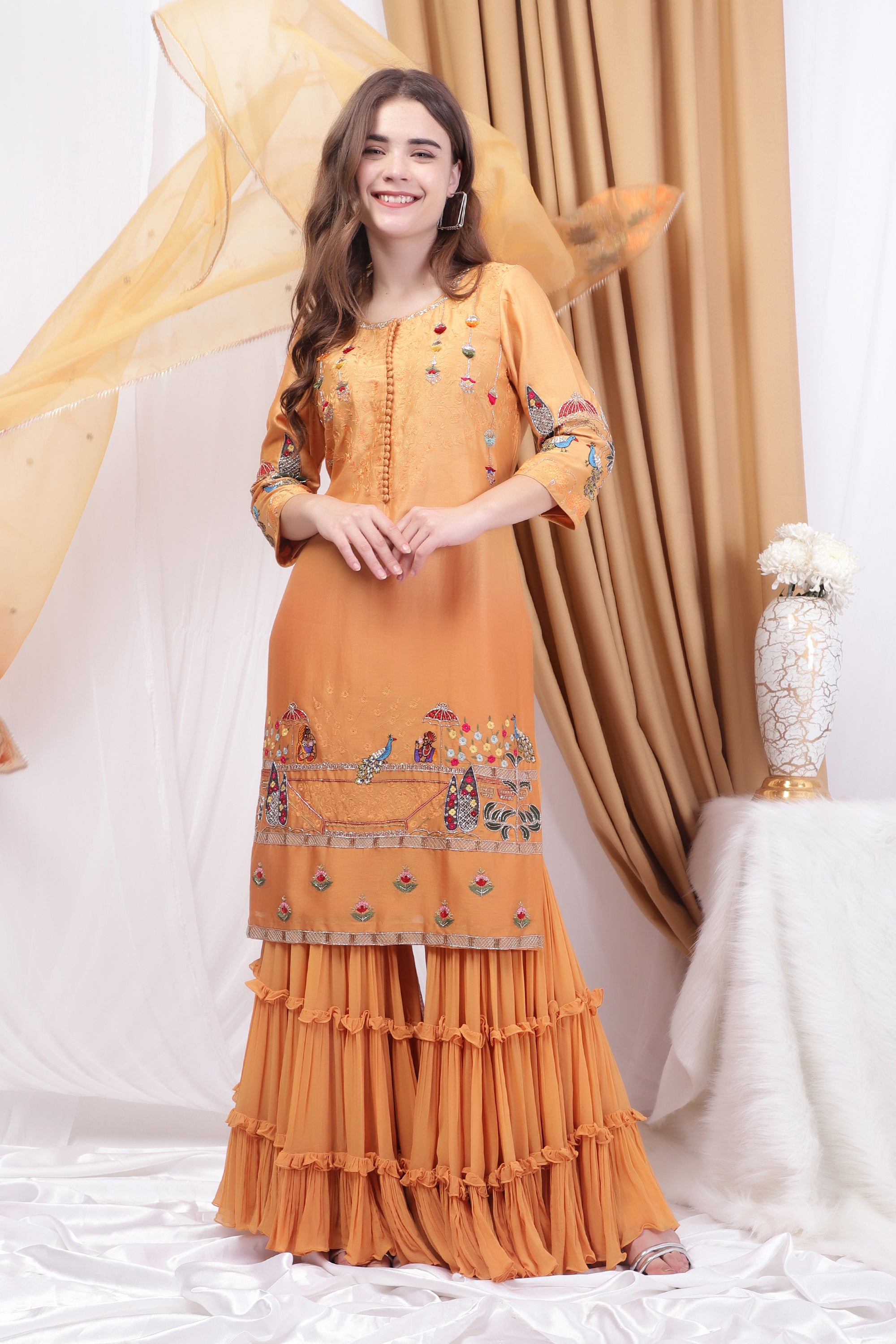 Yellow shaded Embroidered sharara set