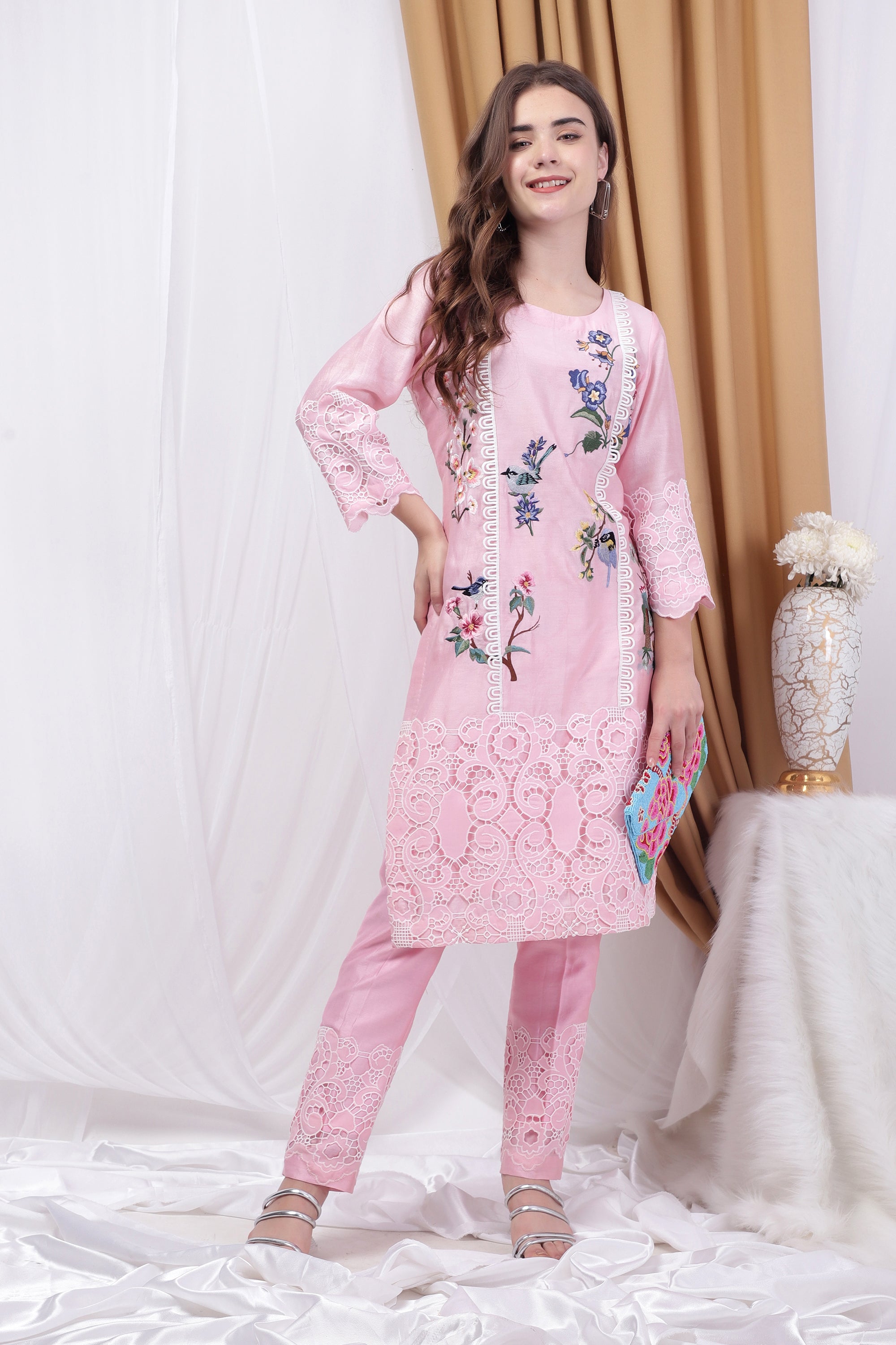 Powder Pink Embroidered and patchwork Co-ord Set