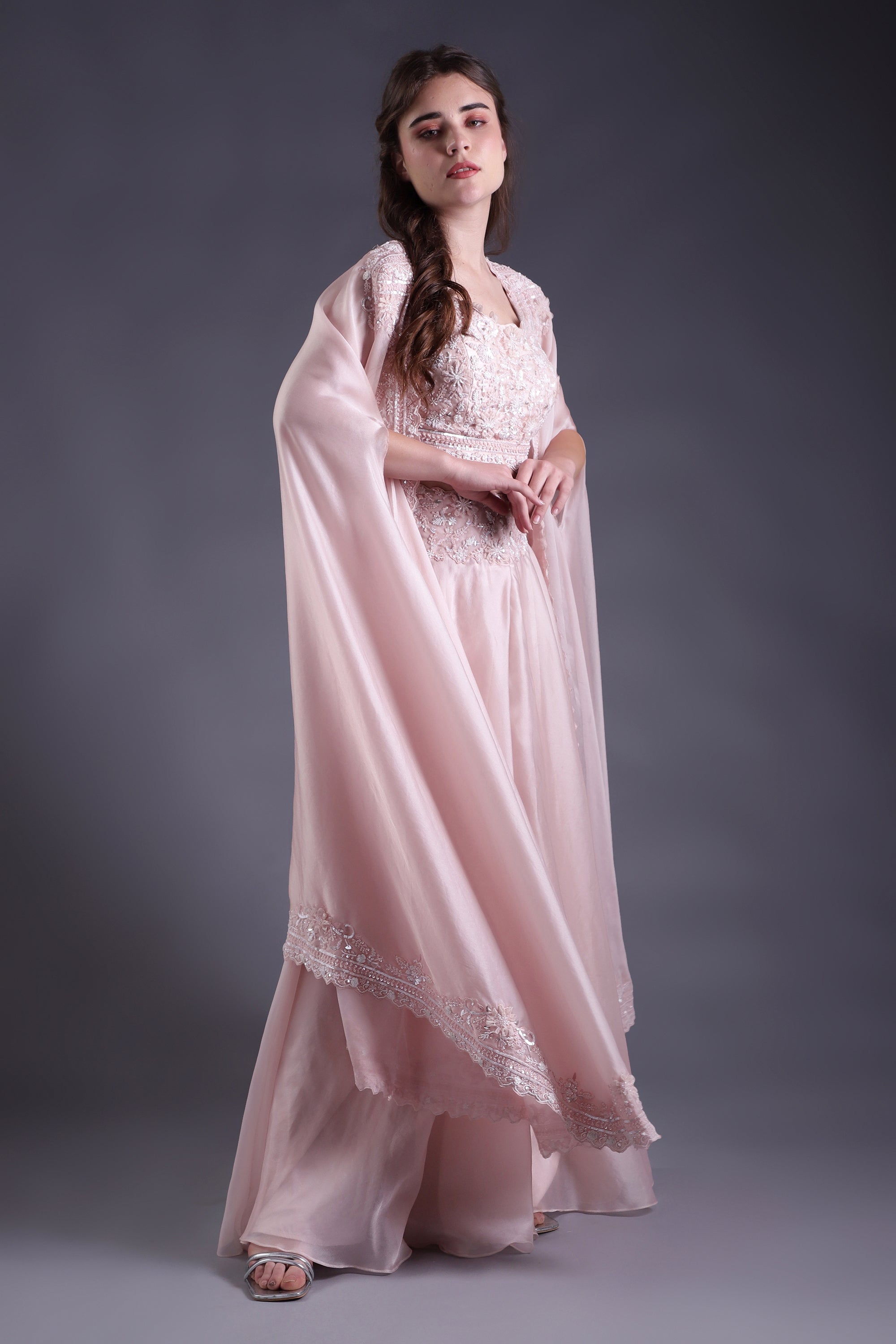 Powder Pink Hand Embroidered Co-ord Set with Cape