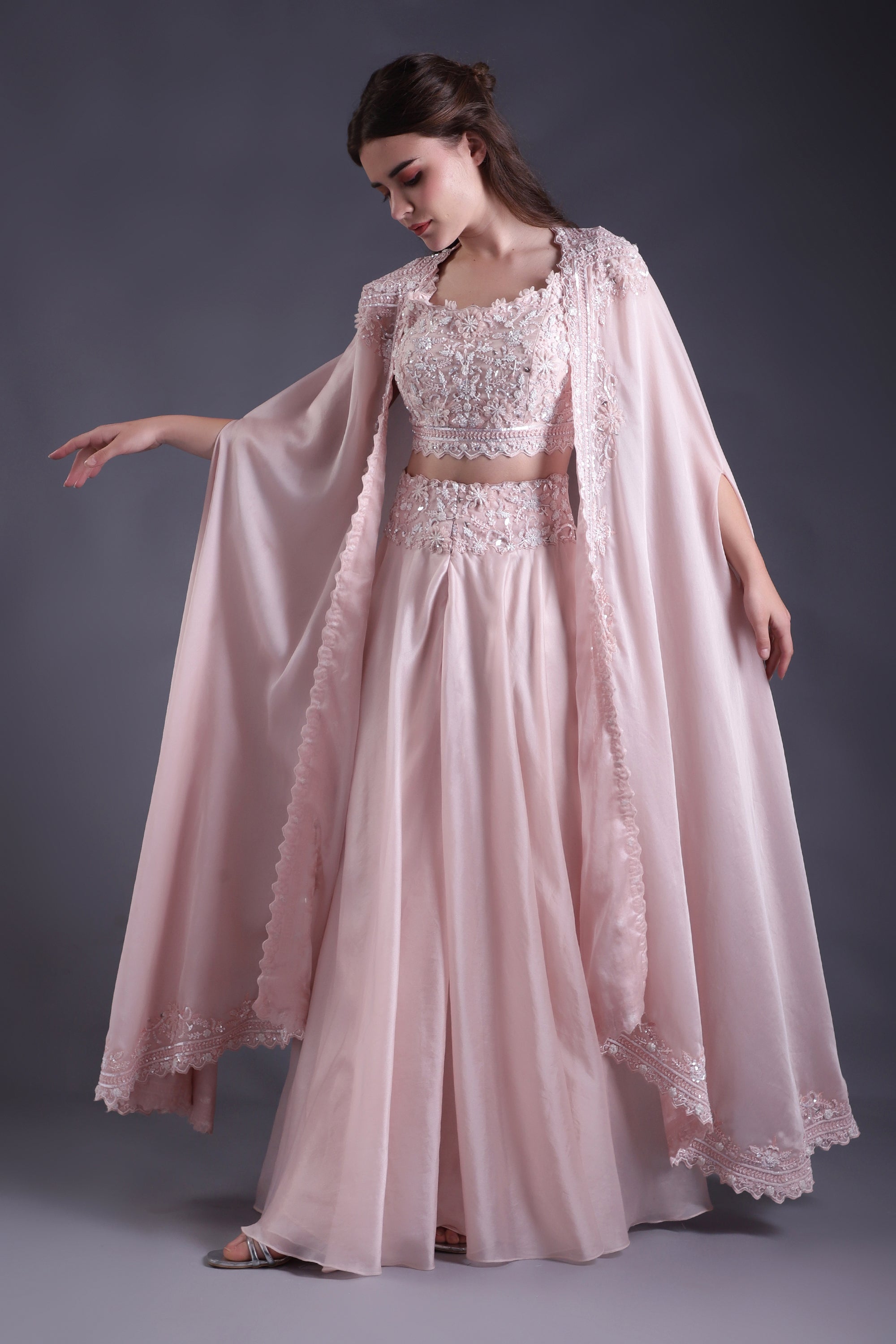 Powder Pink Hand Embroidered Co-ord Set with Cape