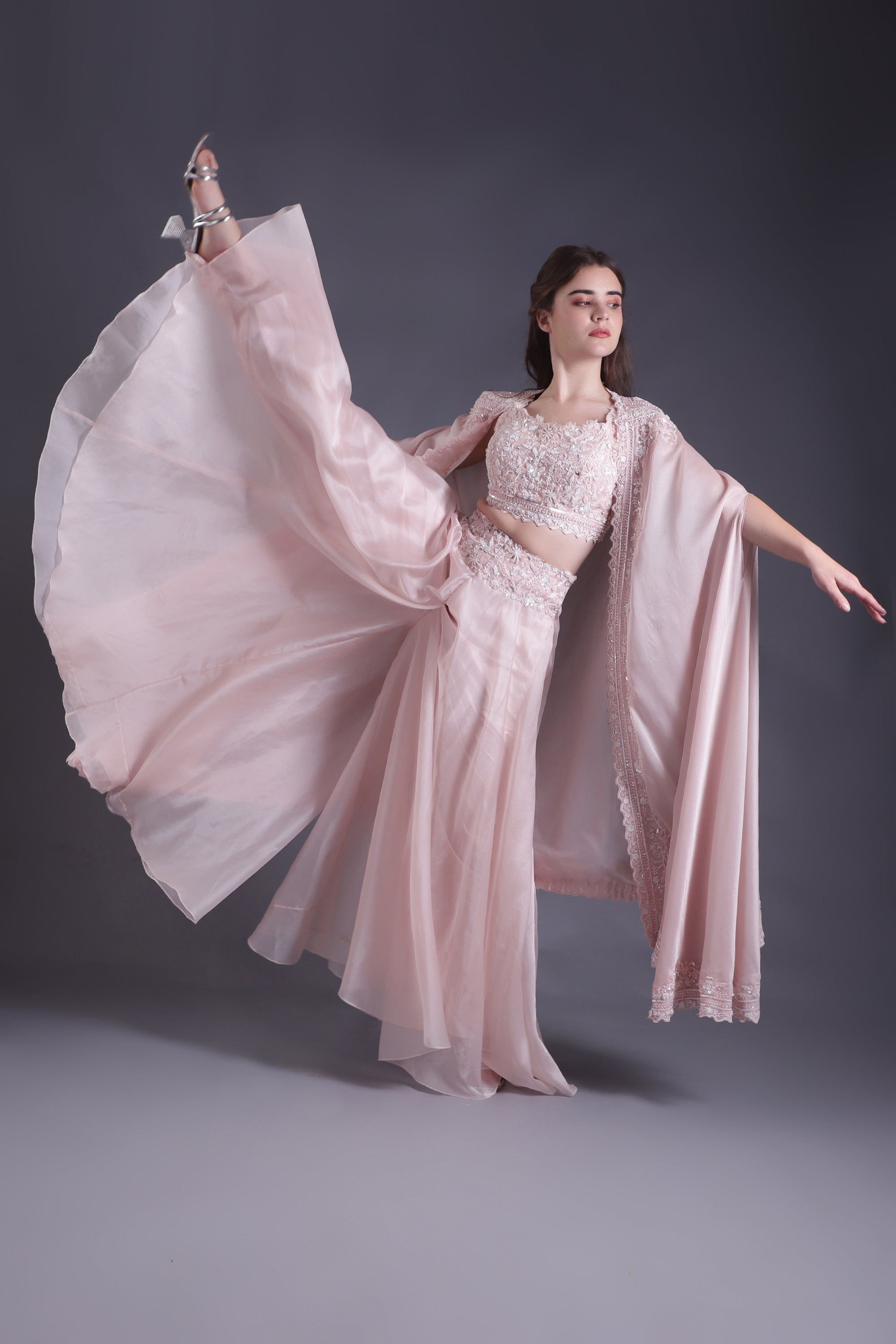 Powder Pink Hand Embroidered Co-ord Set with Cape