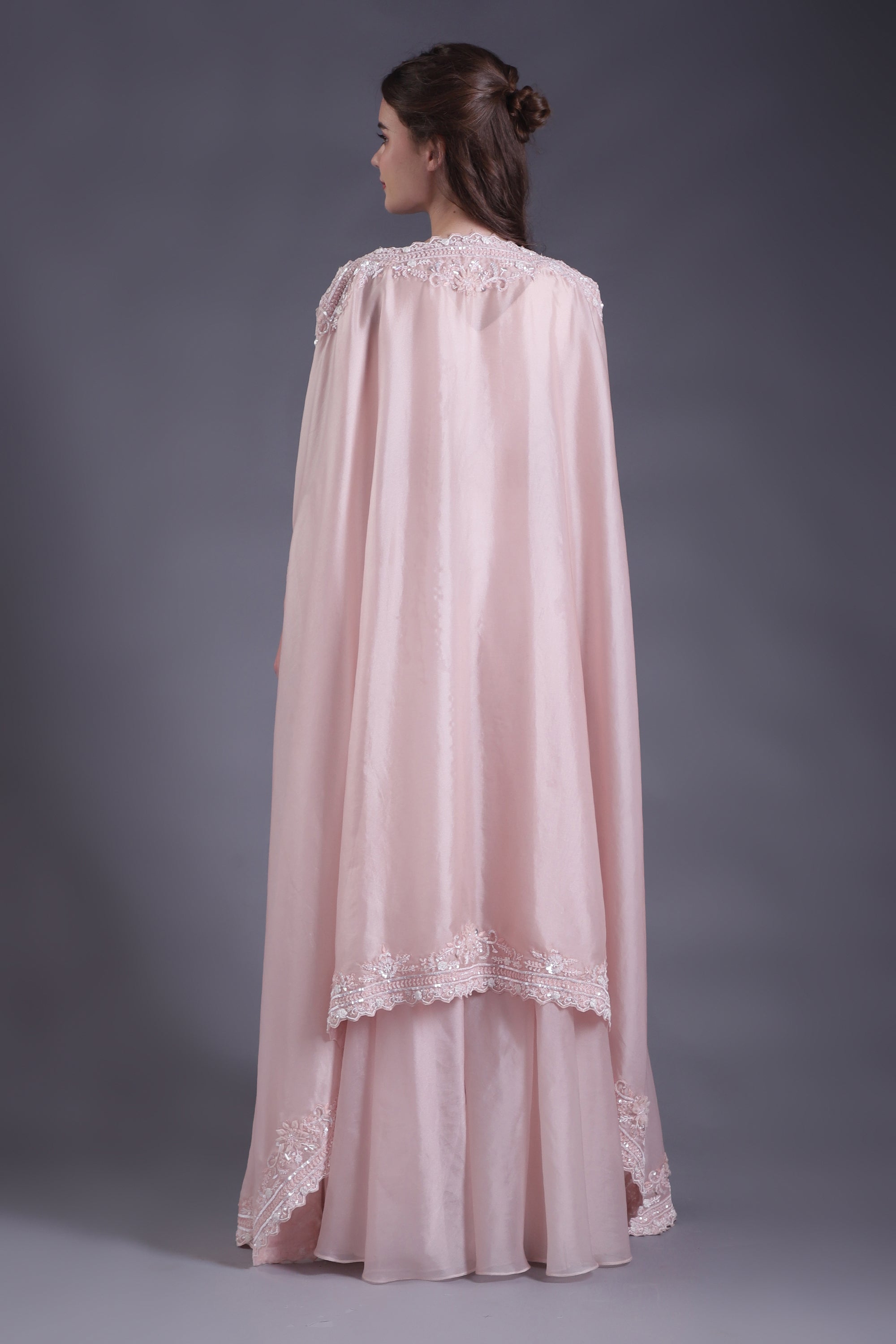 Powder Pink Hand Embroidered Co-ord Set with Cape