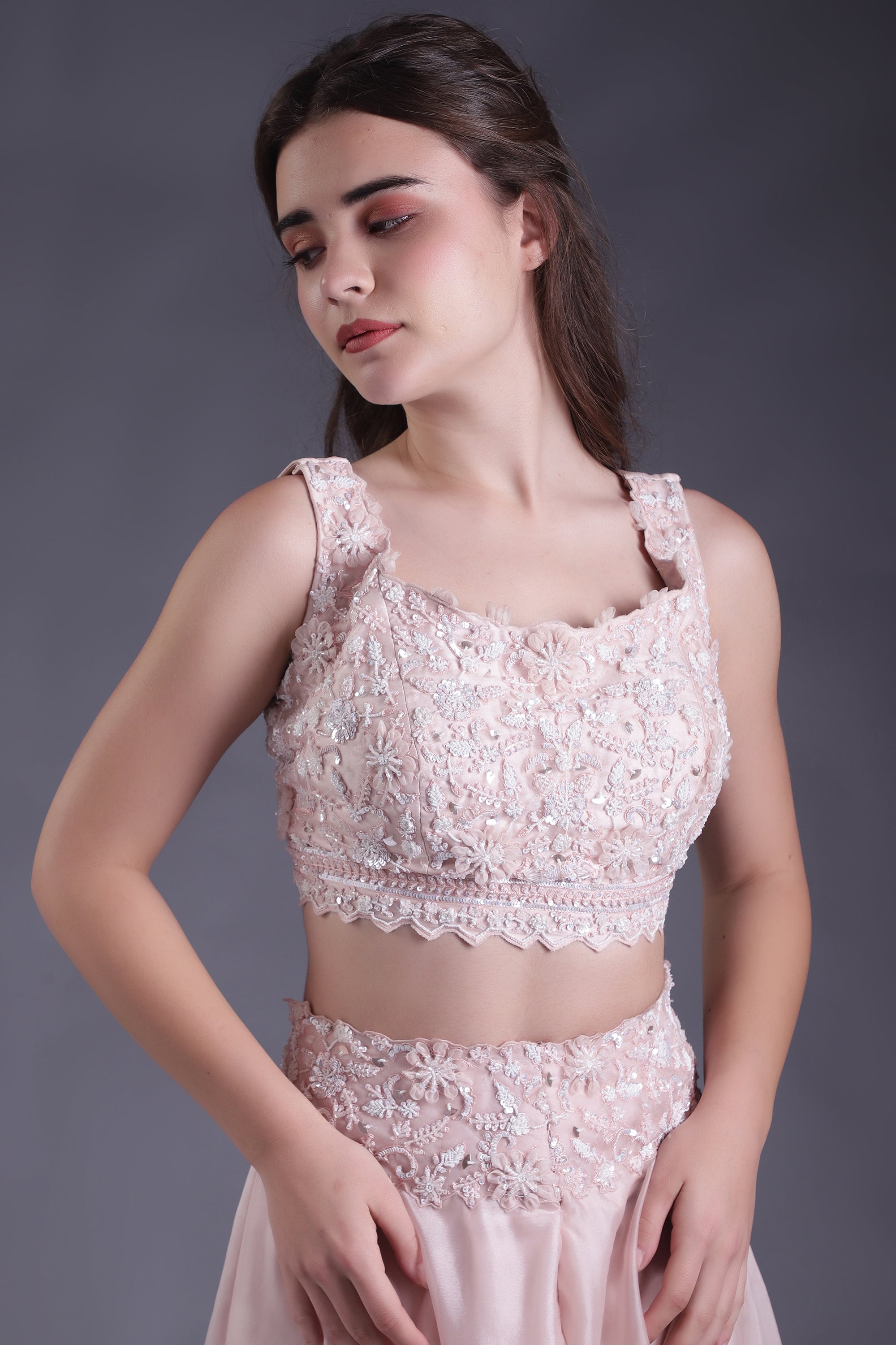 Powder Pink Hand Embroidered Co-ord Set with Cape