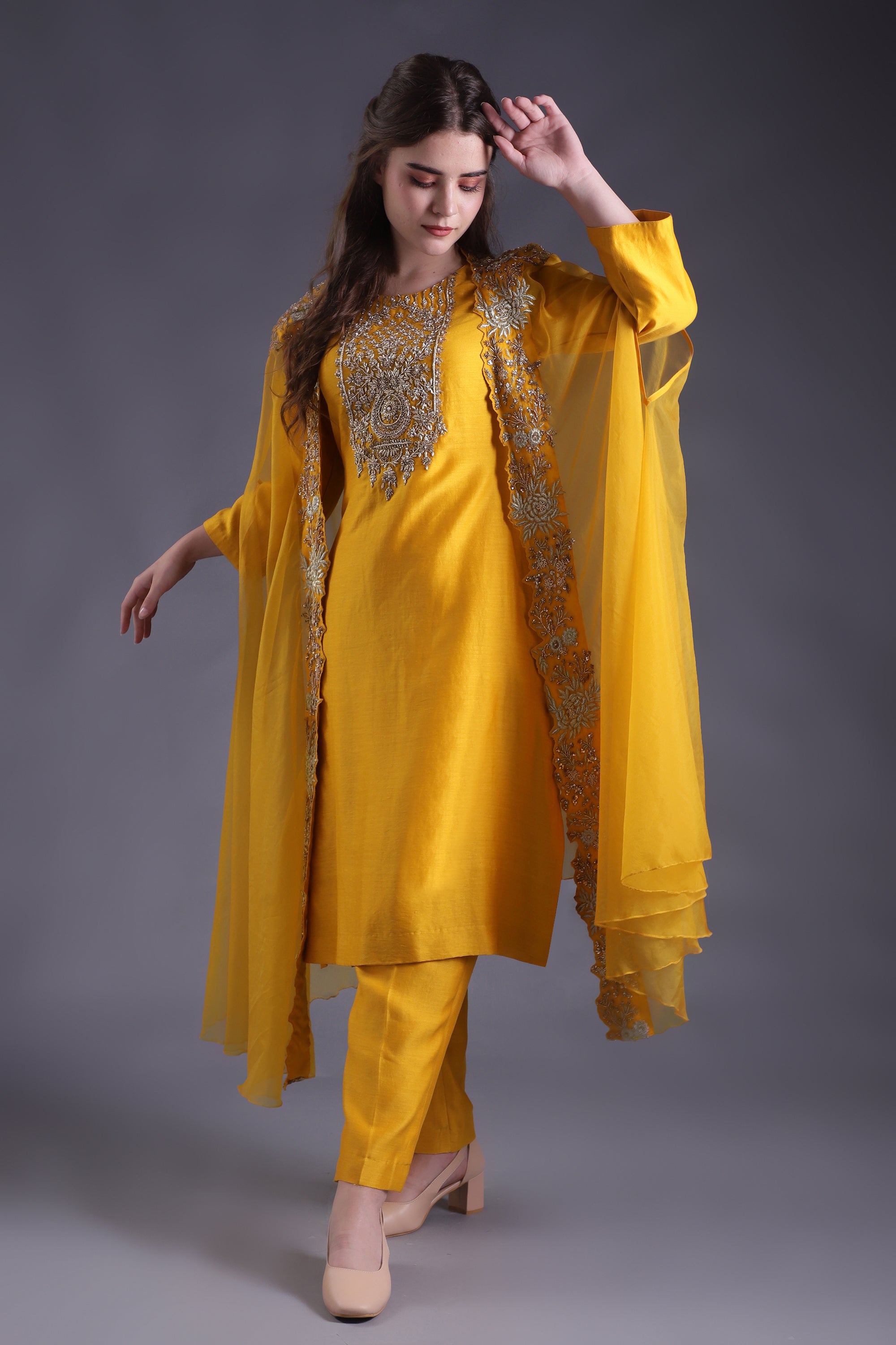 Mustard Yellow Embroidered Co-ord Set with cape