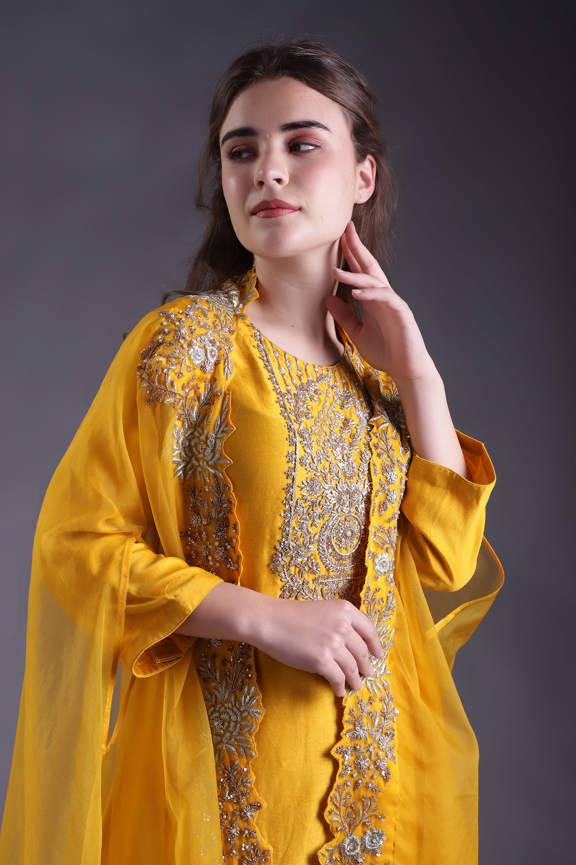 Mustard Yellow Embroidered Co-ord Set with cape