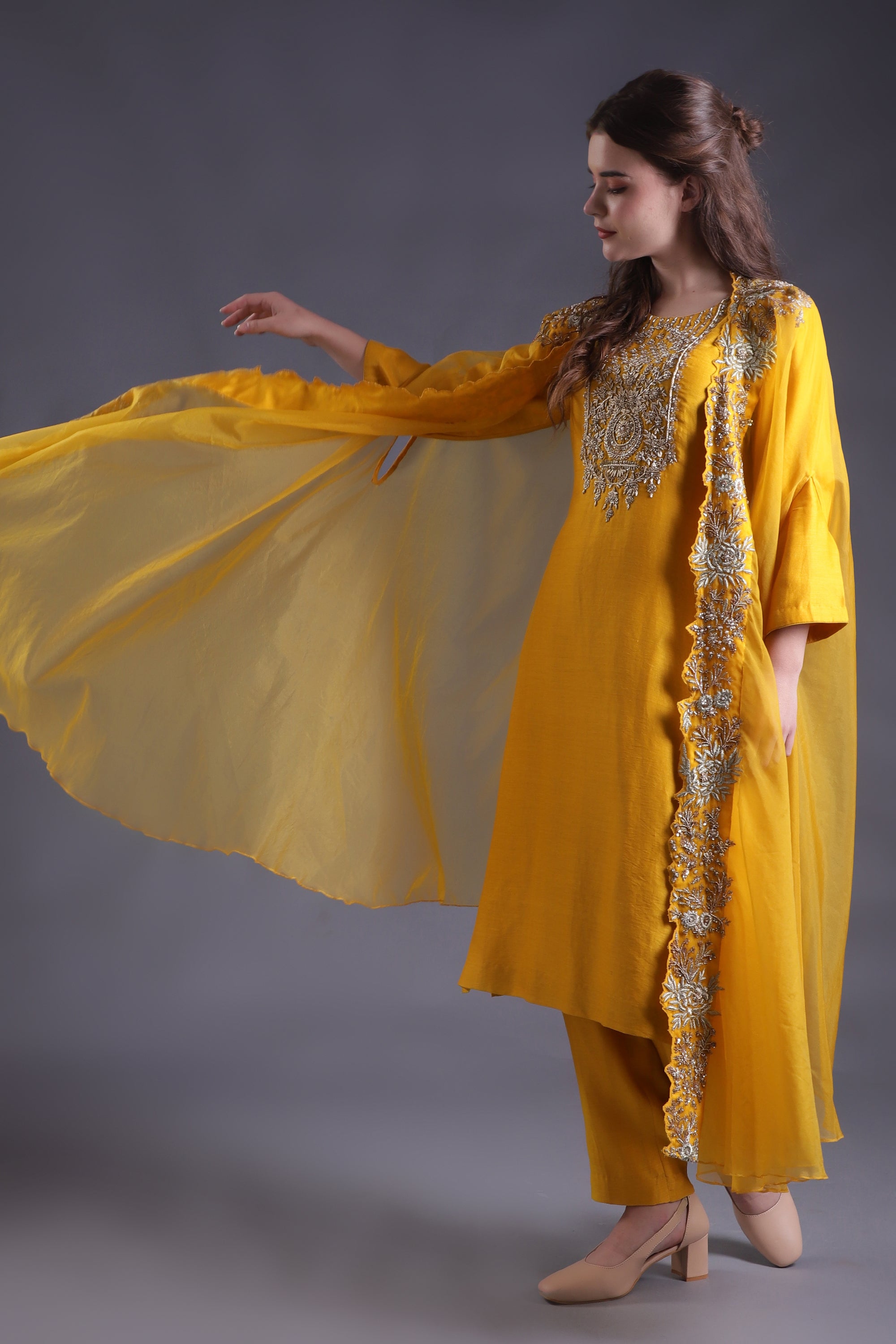 Mustard Yellow Embroidered Co-ord Set with cape