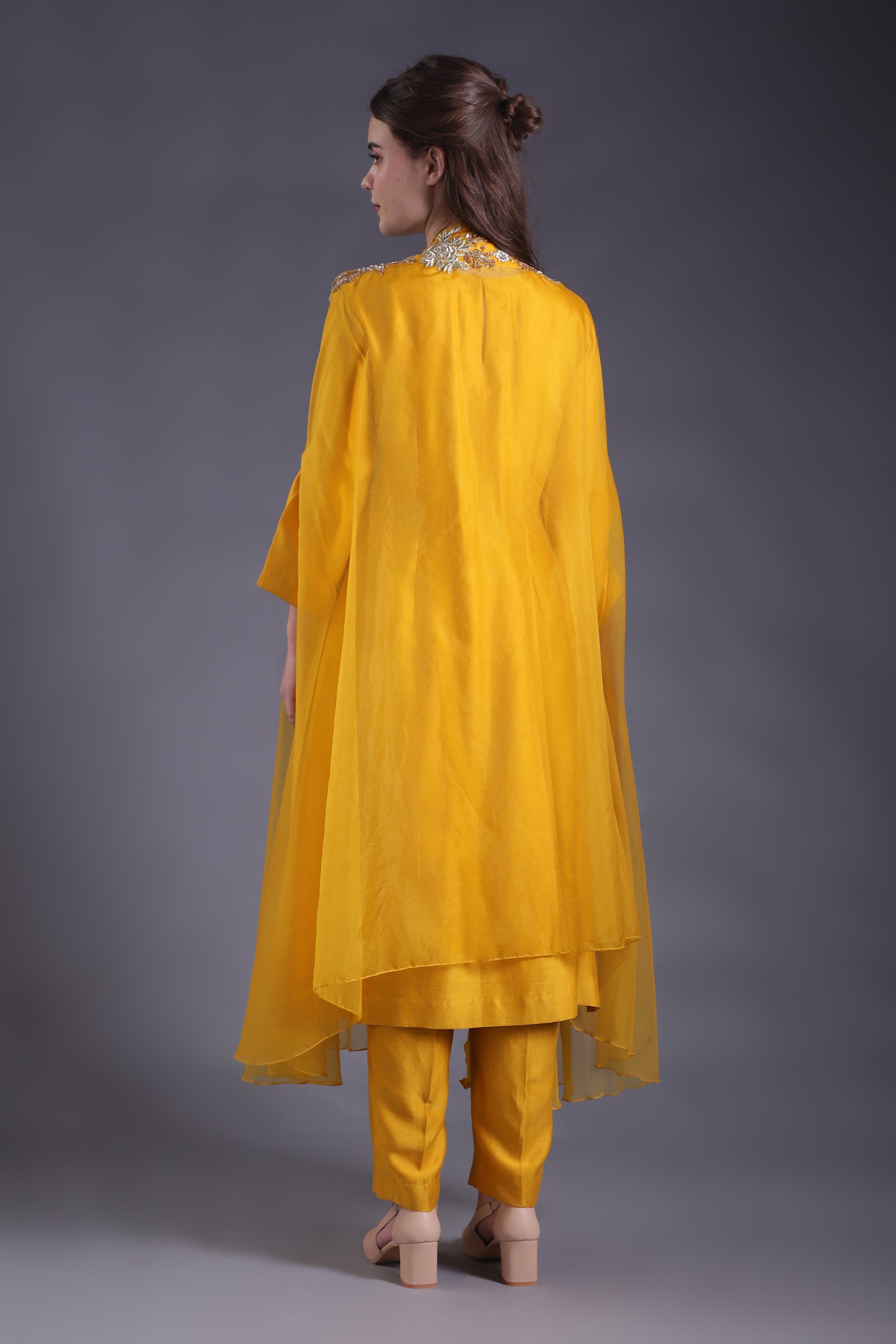 Mustard Yellow Embroidered Co-ord Set with cape