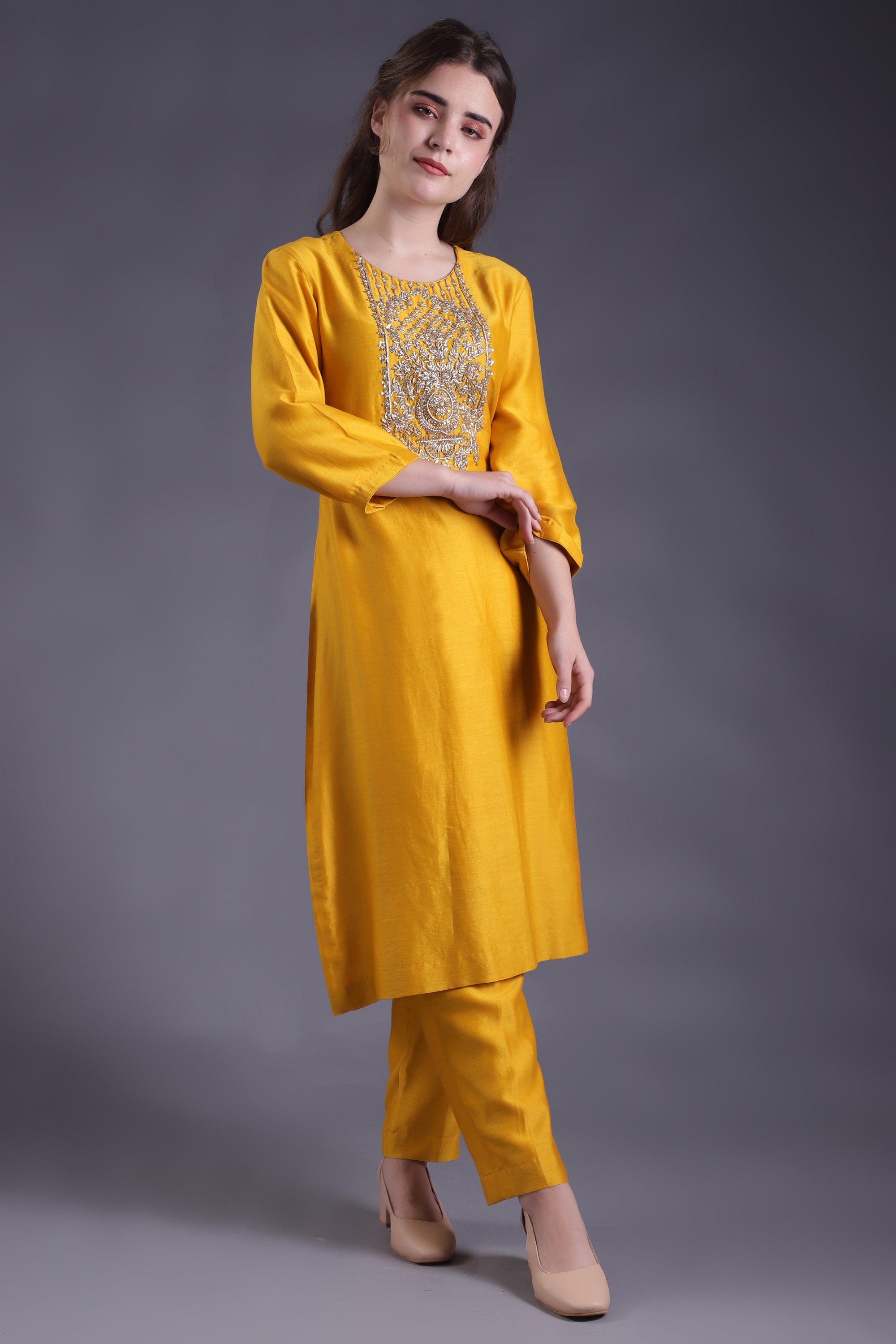 Mustard Yellow Embroidered Co-ord Set with cape