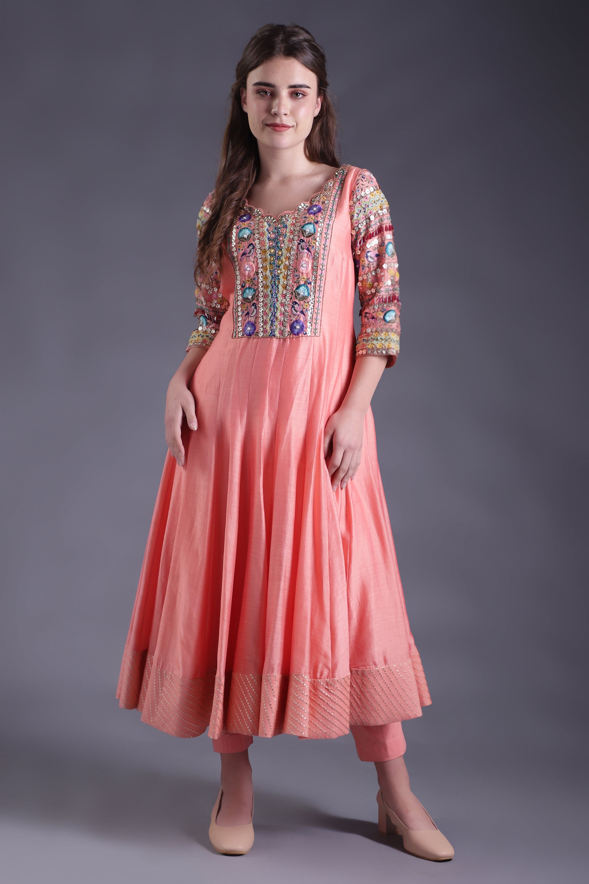 Peach Embroidered Anarkali Set