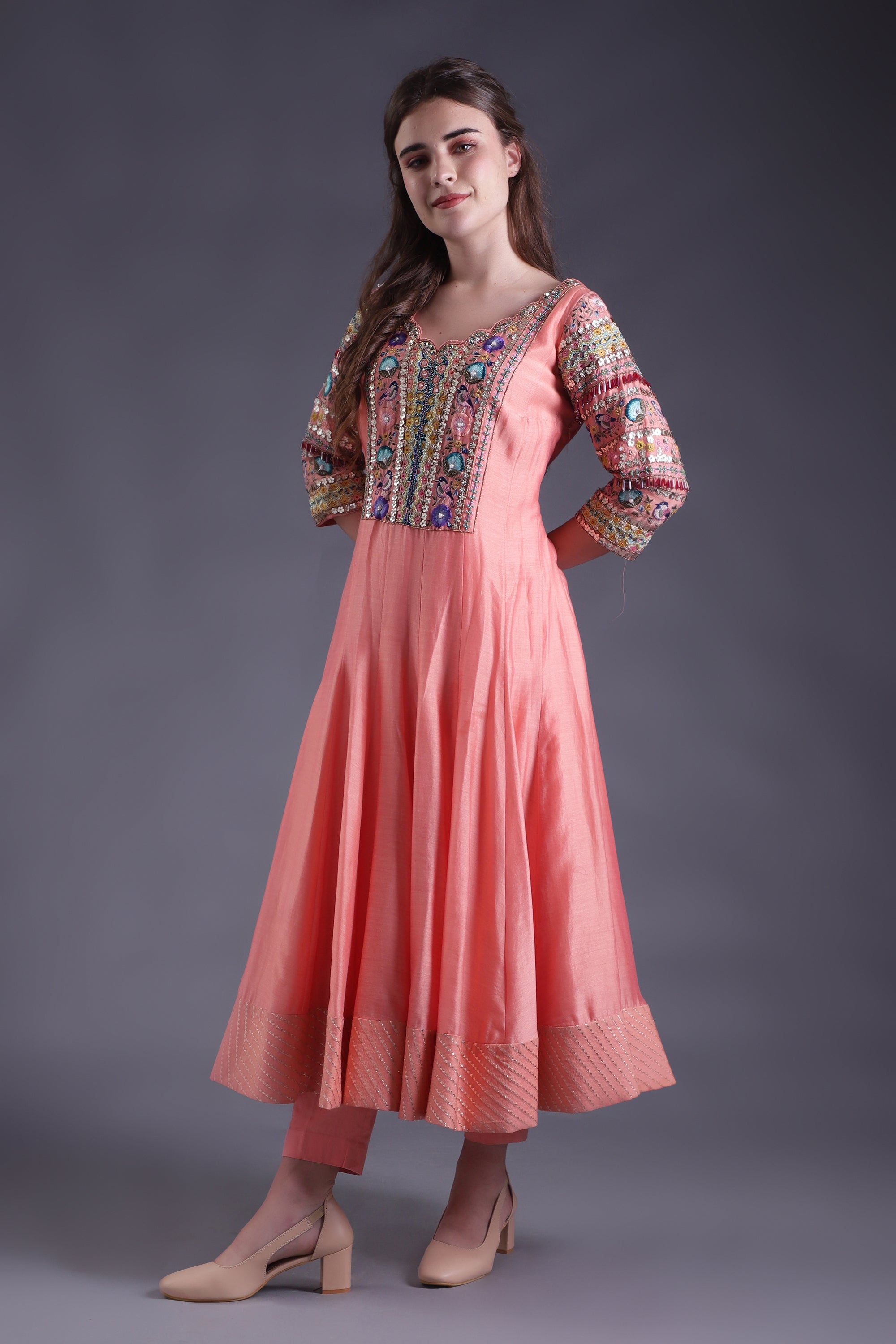 Peach Embroidered Anarkali Set