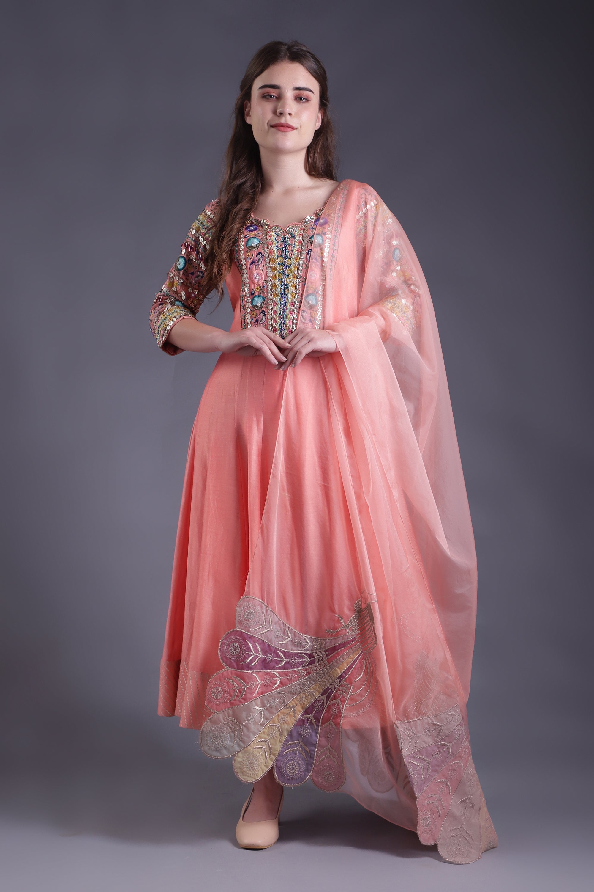 Peach Embroidered Anarkali Set