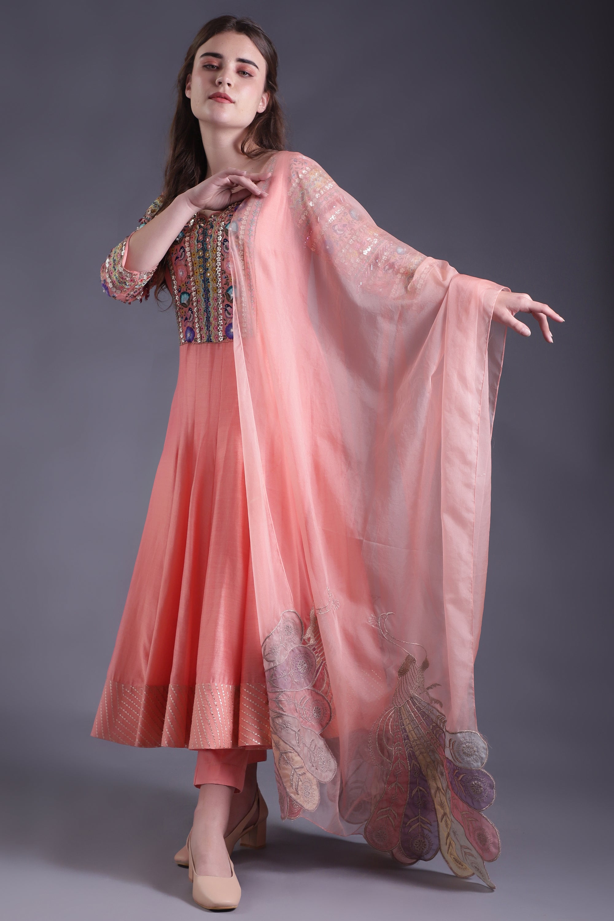 Peach Embroidered Anarkali Set