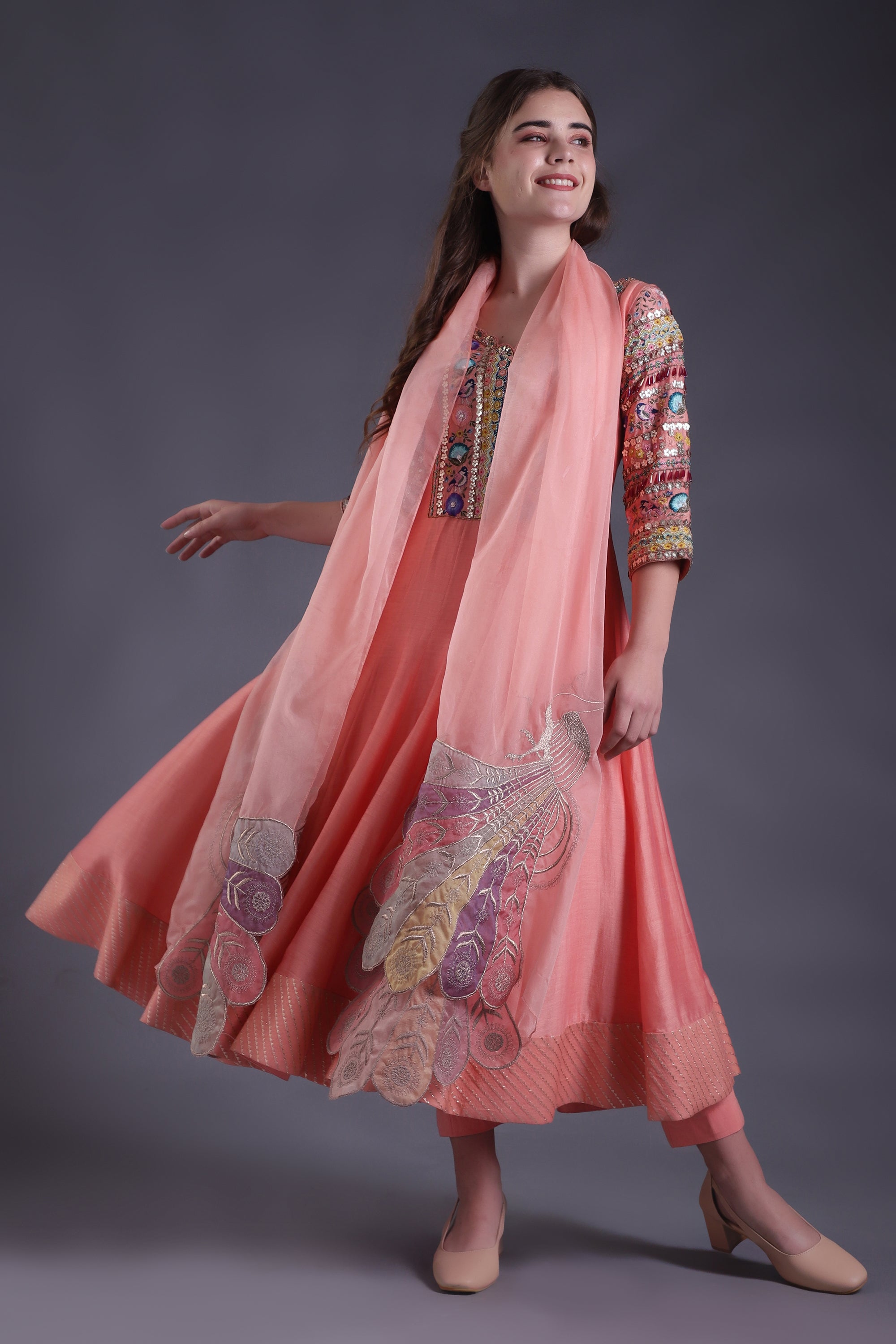 Peach Embroidered Anarkali Set