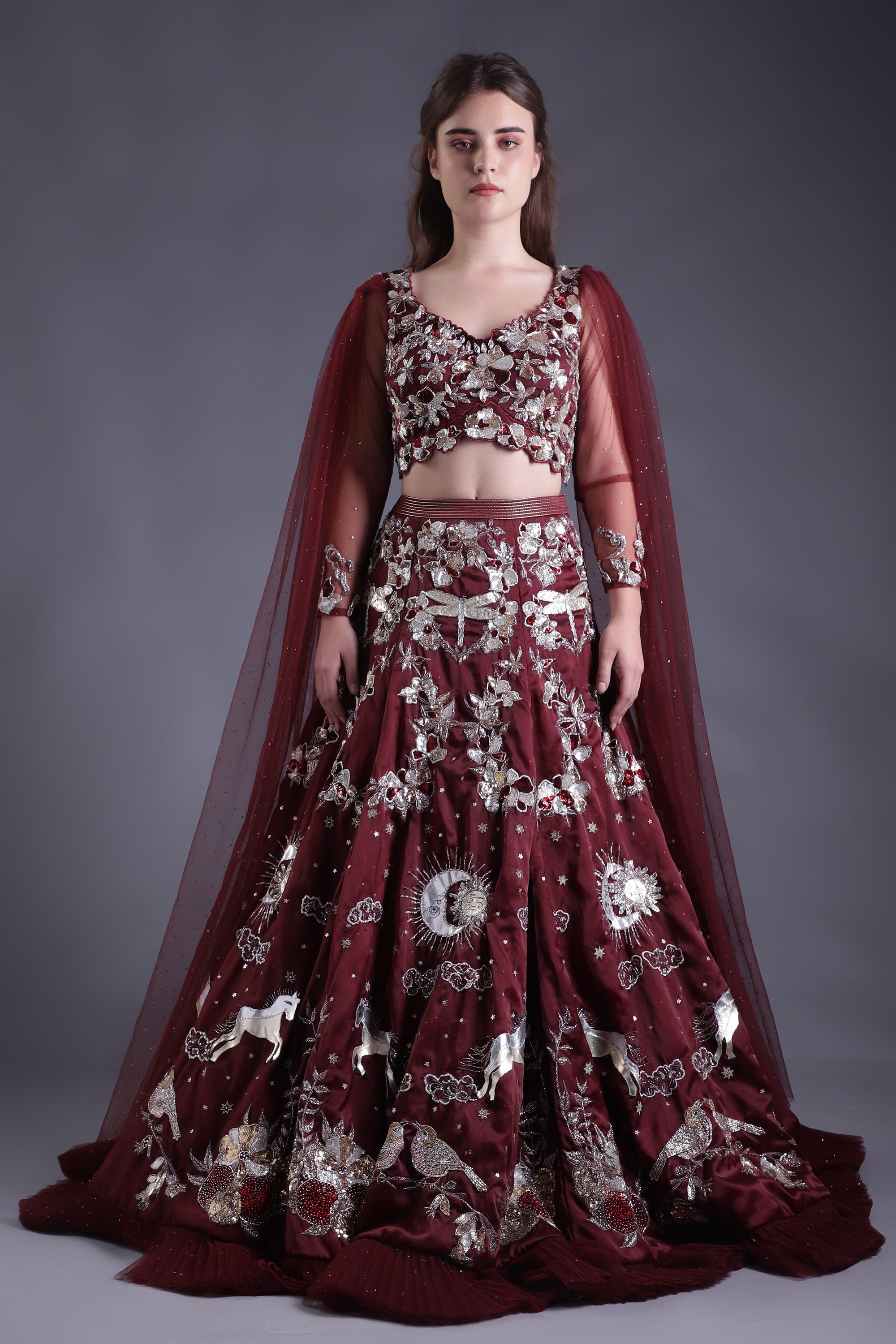 Wine Heavy Embroidered Lehenga Set