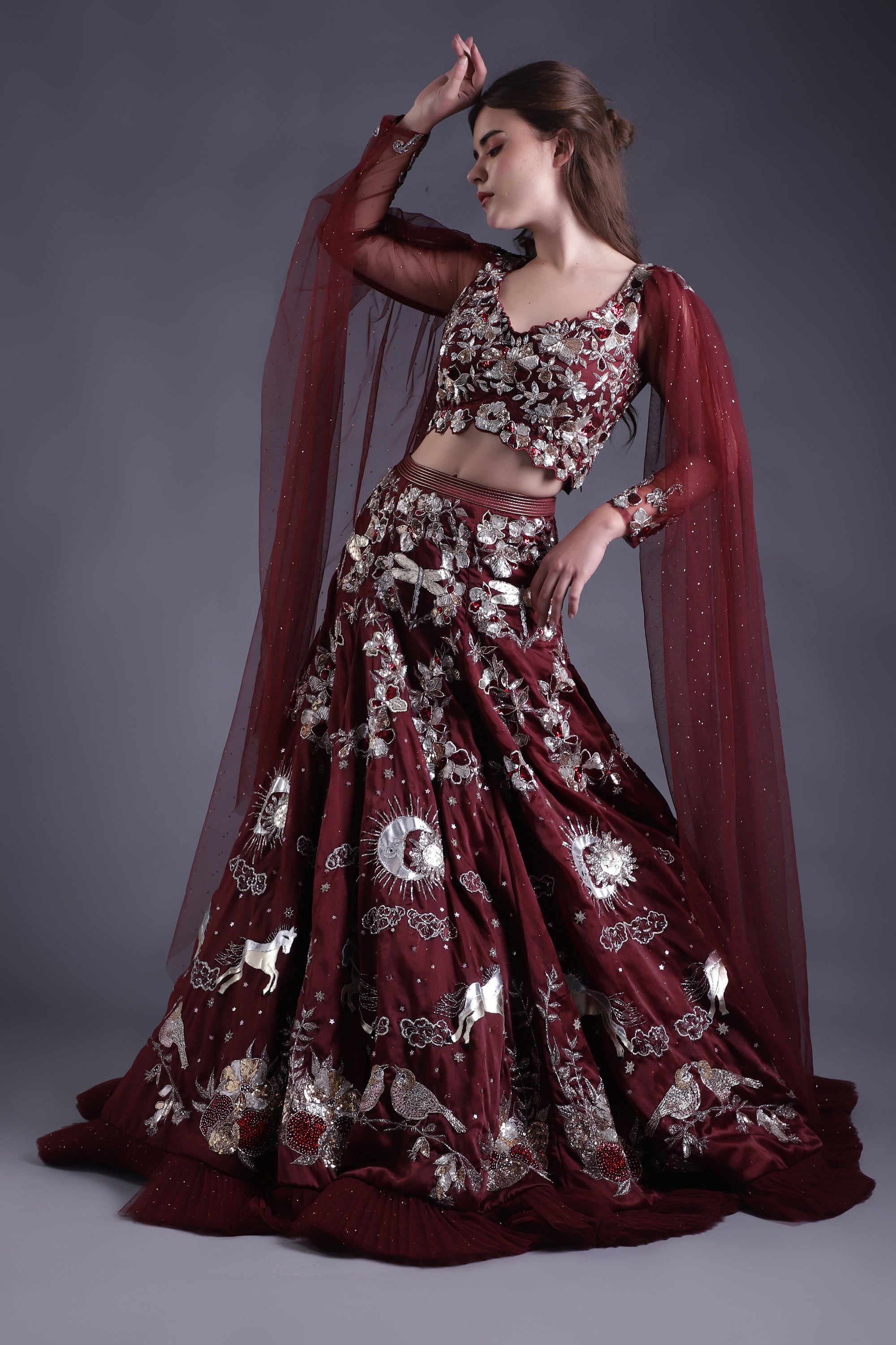 Wine Heavy Embroidered Lehenga Set