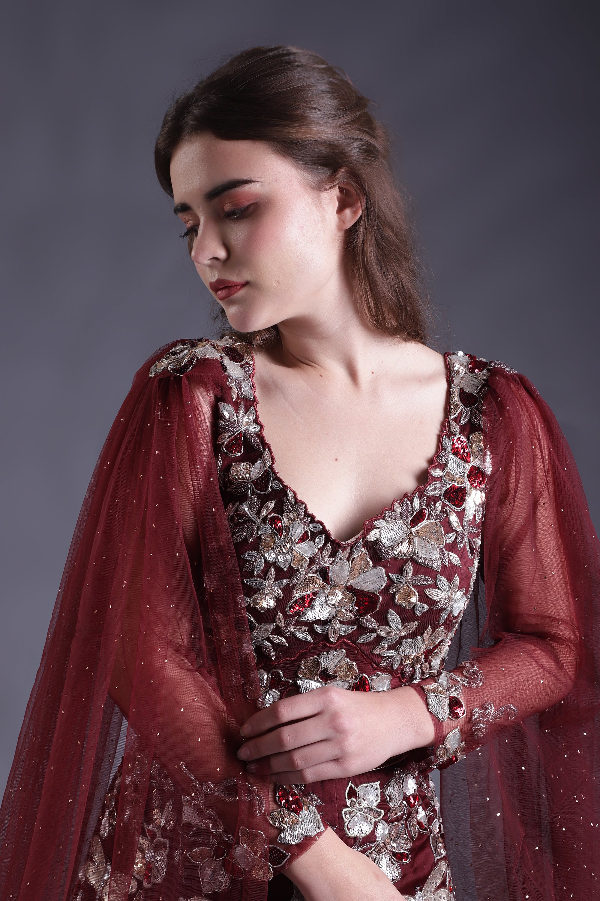 Wine Heavy Embroidered Lehenga Set