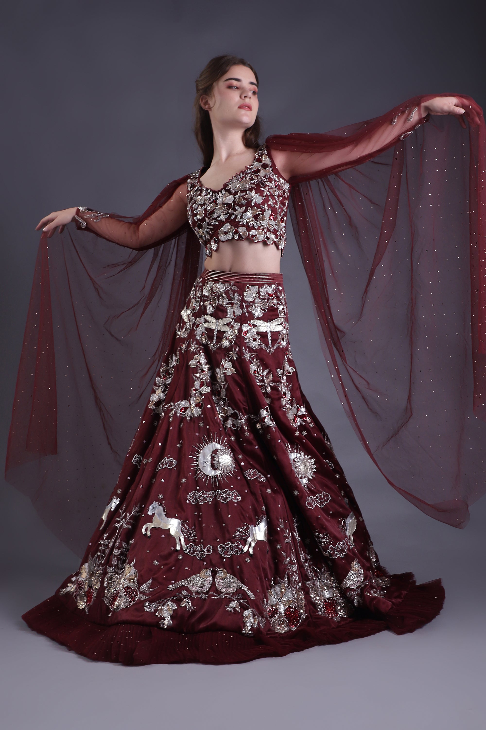 Wine Heavy Embroidered Lehenga Set