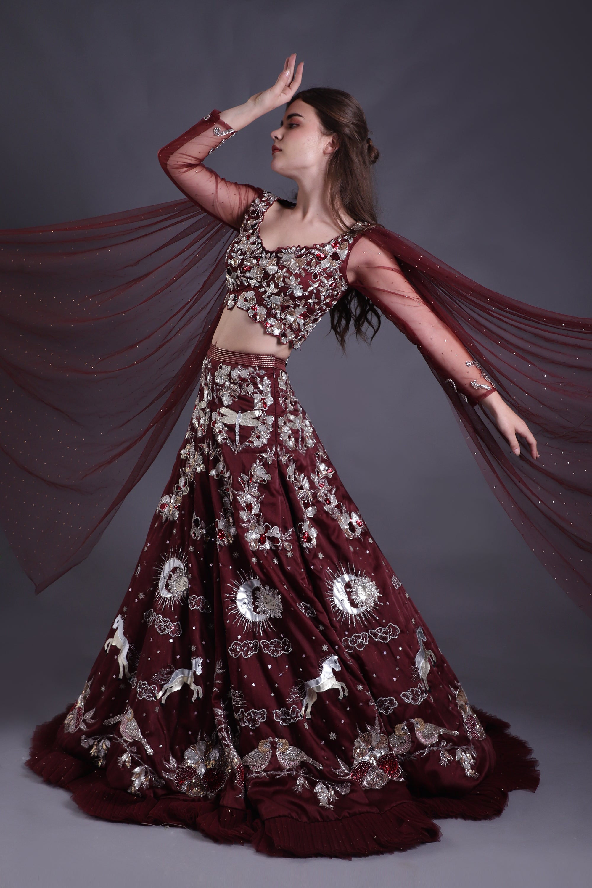Wine Heavy Embroidered Lehenga Set