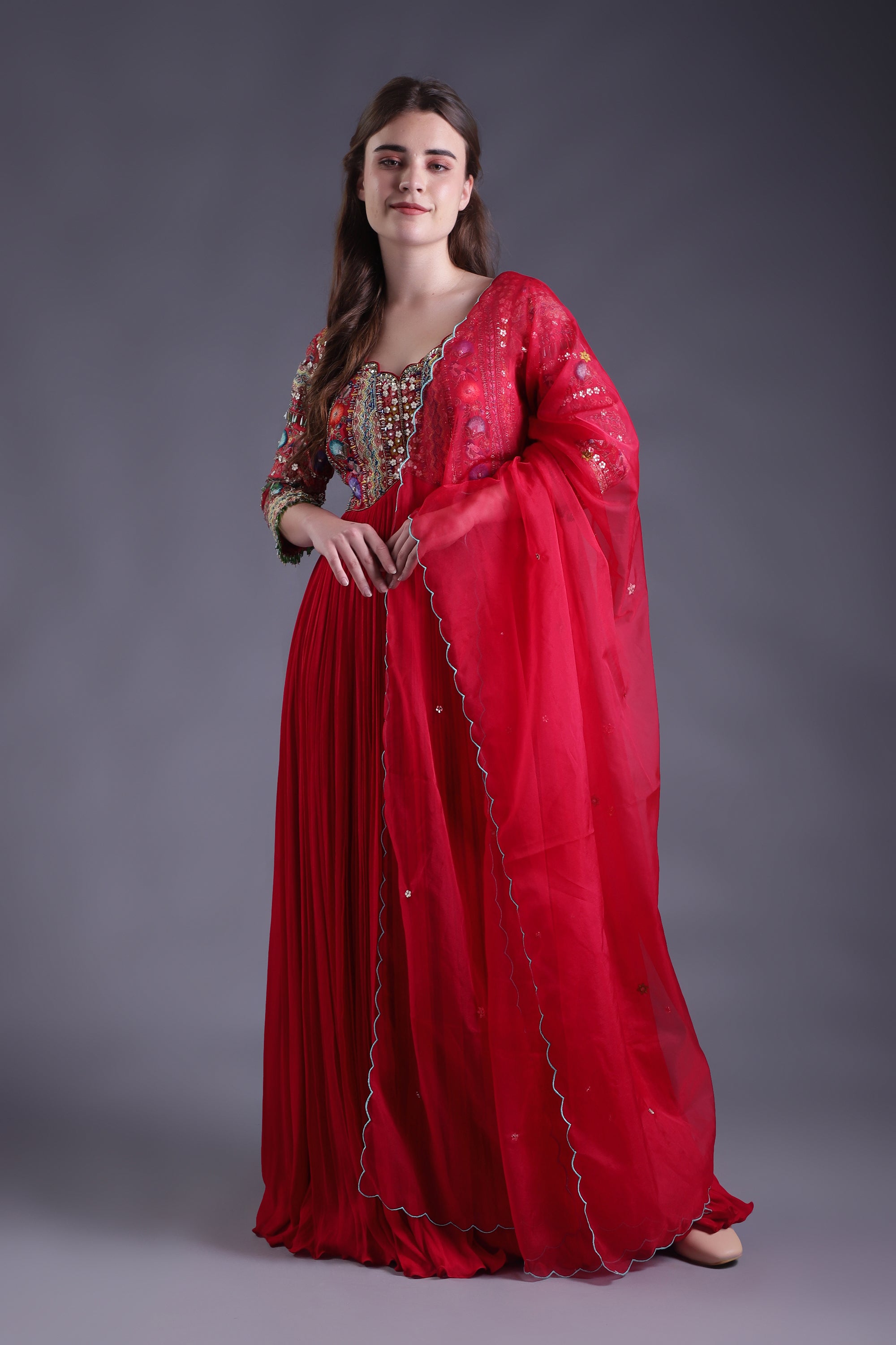 Red Embroidered Anarkali set