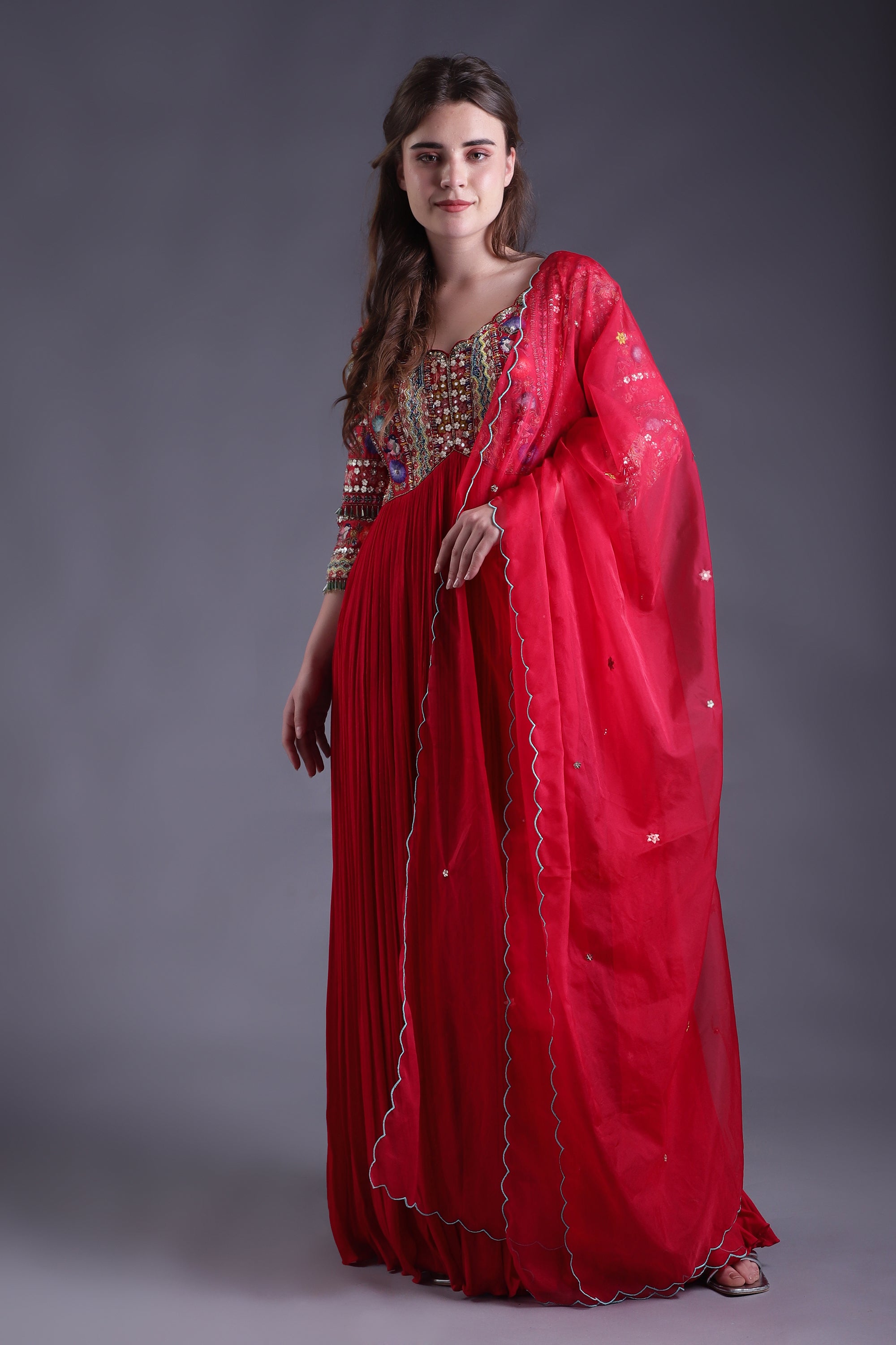 Red Embroidered Anarkali set