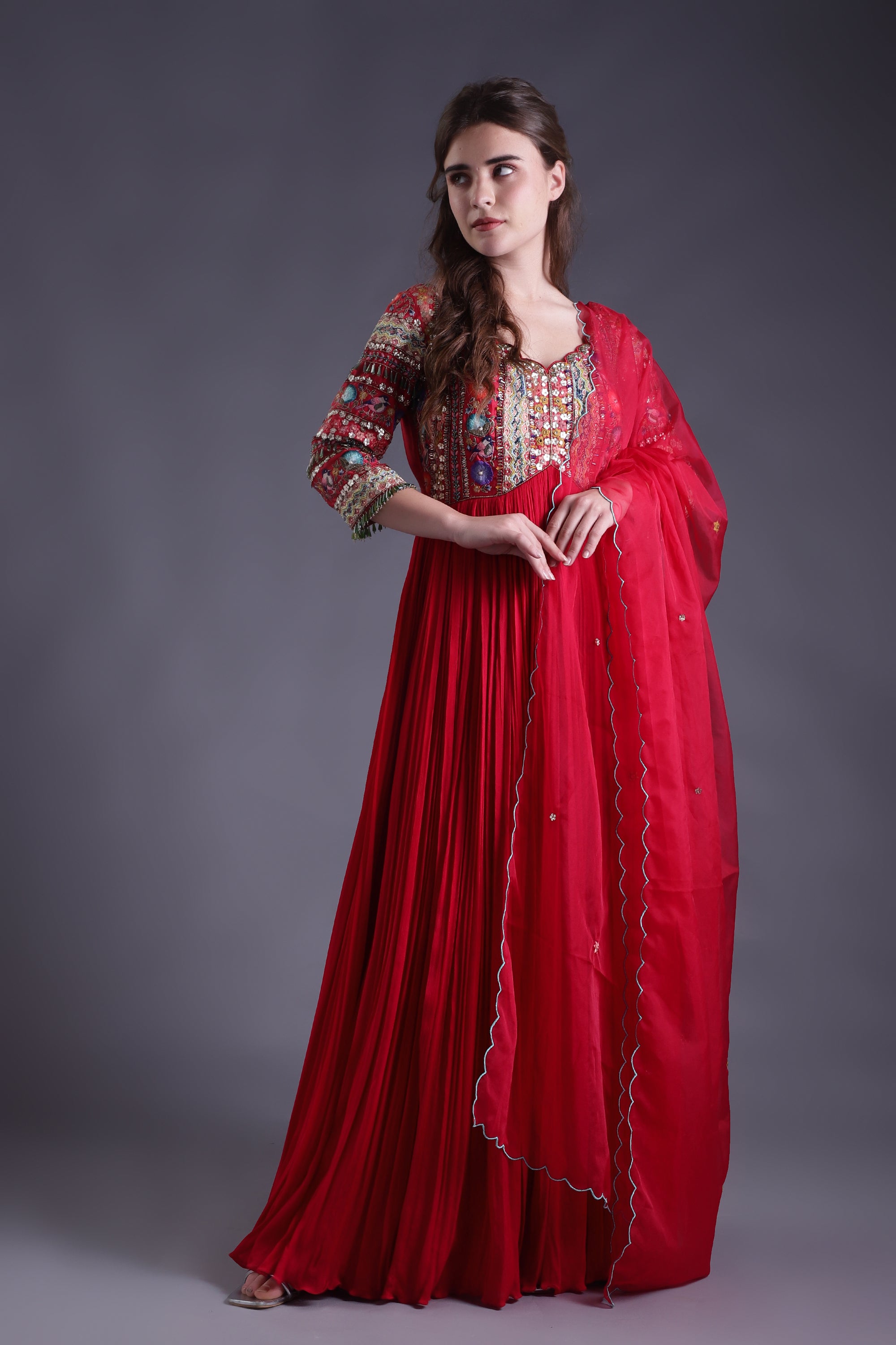 Red Embroidered Anarkali set