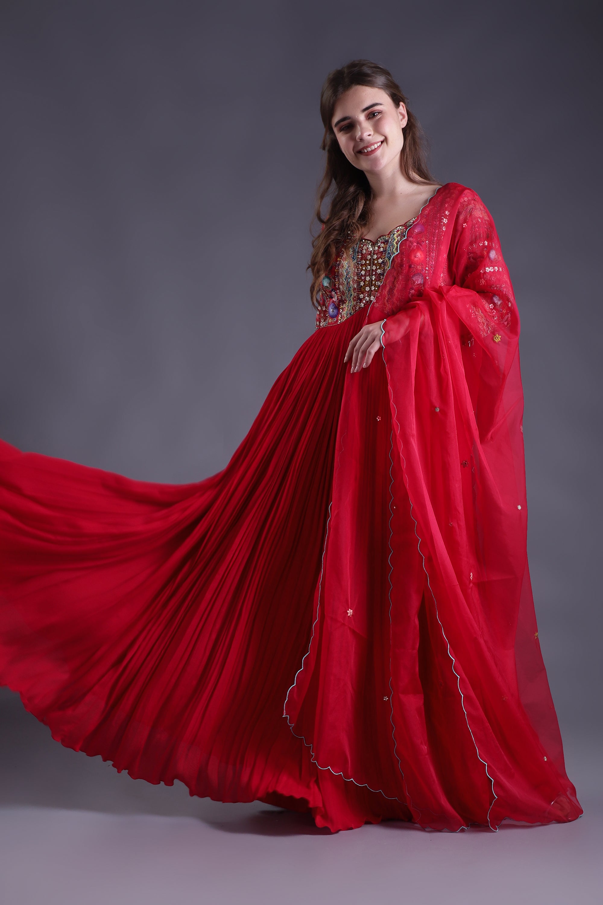 Red Embroidered Anarkali set