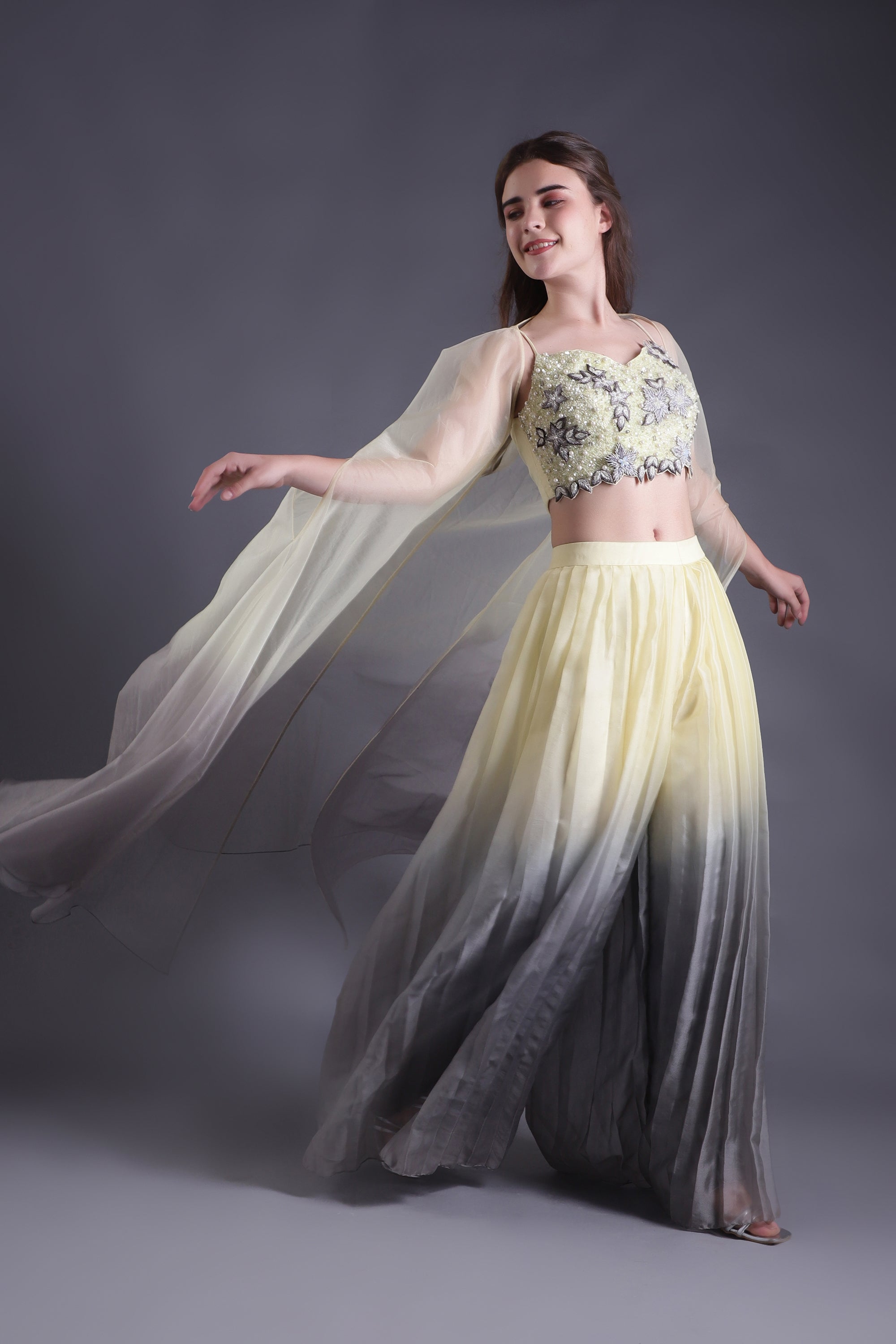 Yellow & Grey Ombre Co-ord Set with Cape