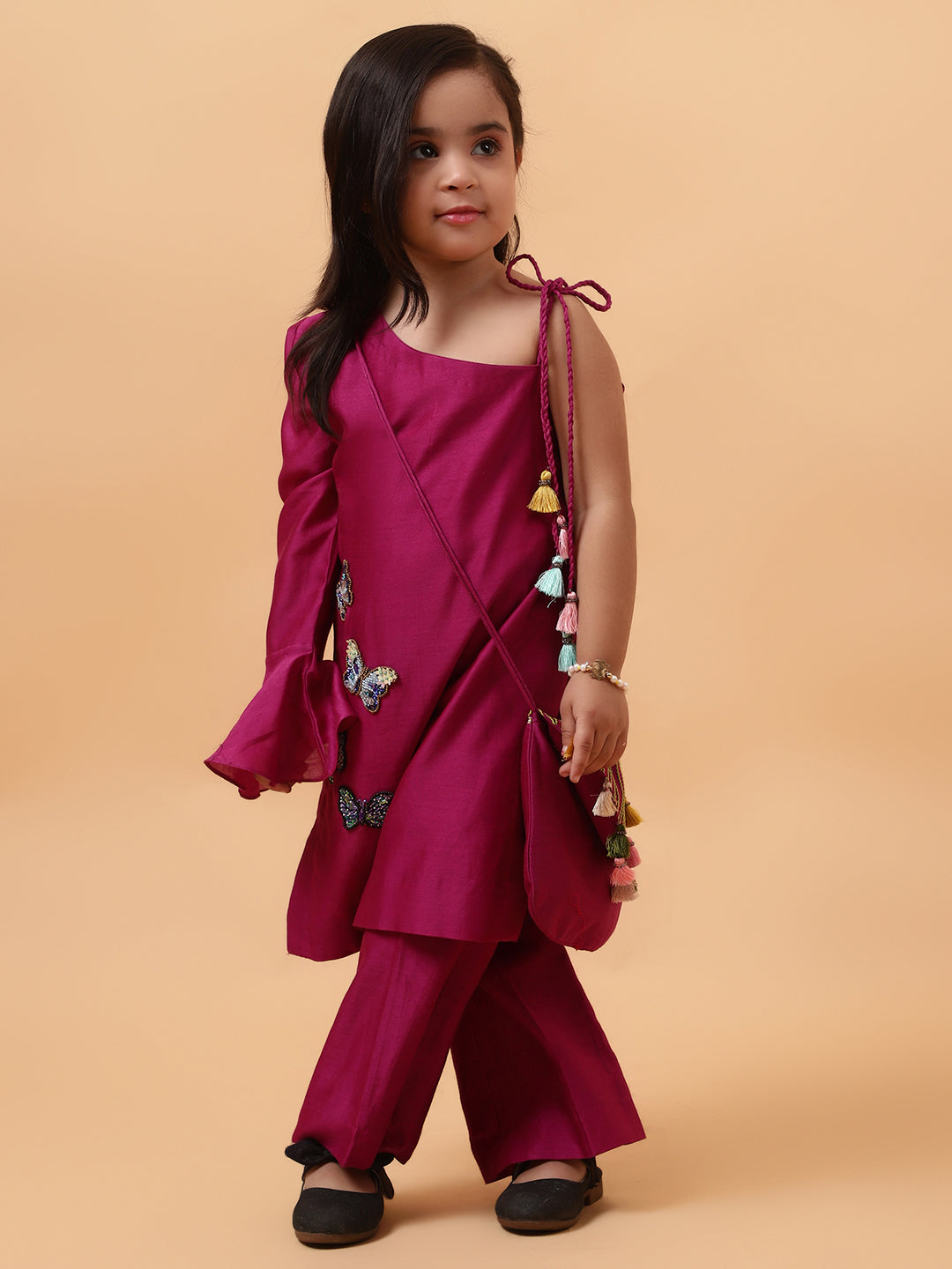 Magenta Purple Chanderi Silk Hand Embroidered One-Shoulder Kurta Set For Girls