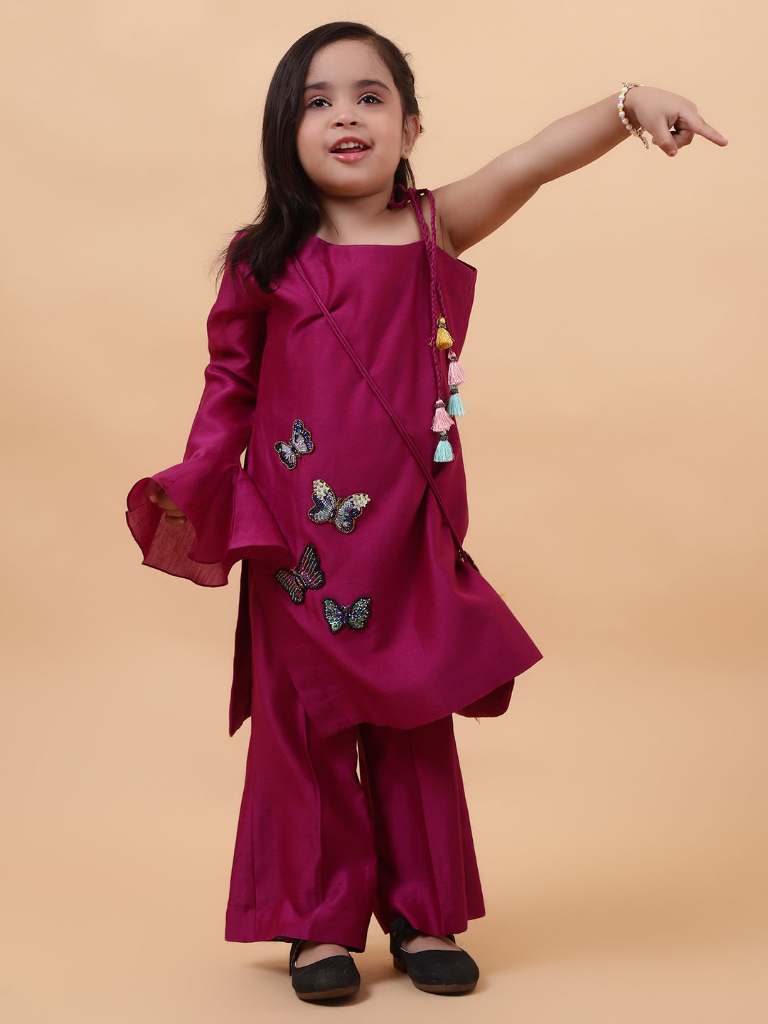 Magenta Purple Chanderi Silk Hand Embroidered One-Shoulder Kurta Set For Girls