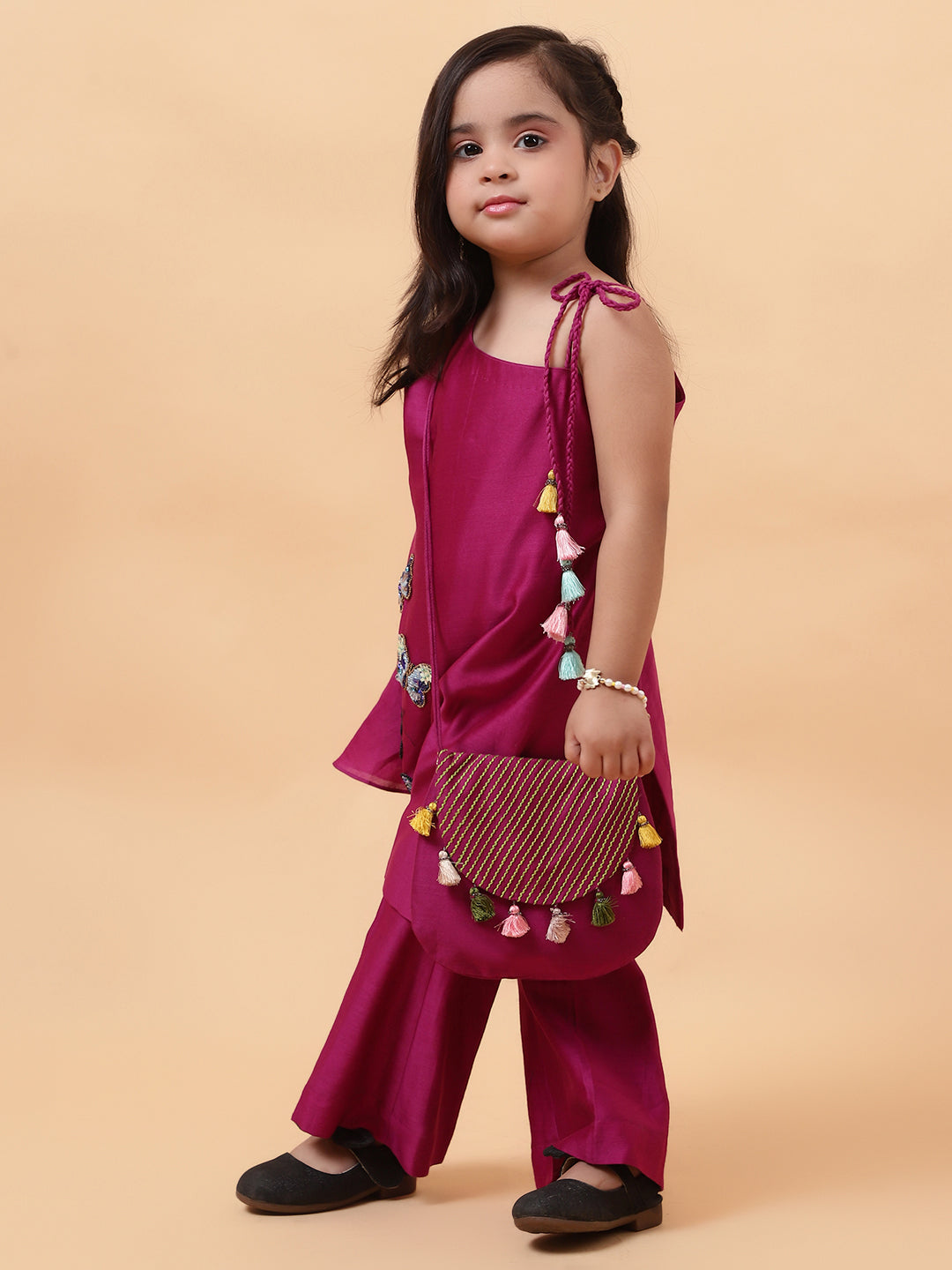 Magenta Purple Chanderi Silk Hand Embroidered One-Shoulder Kurta Set For Girls