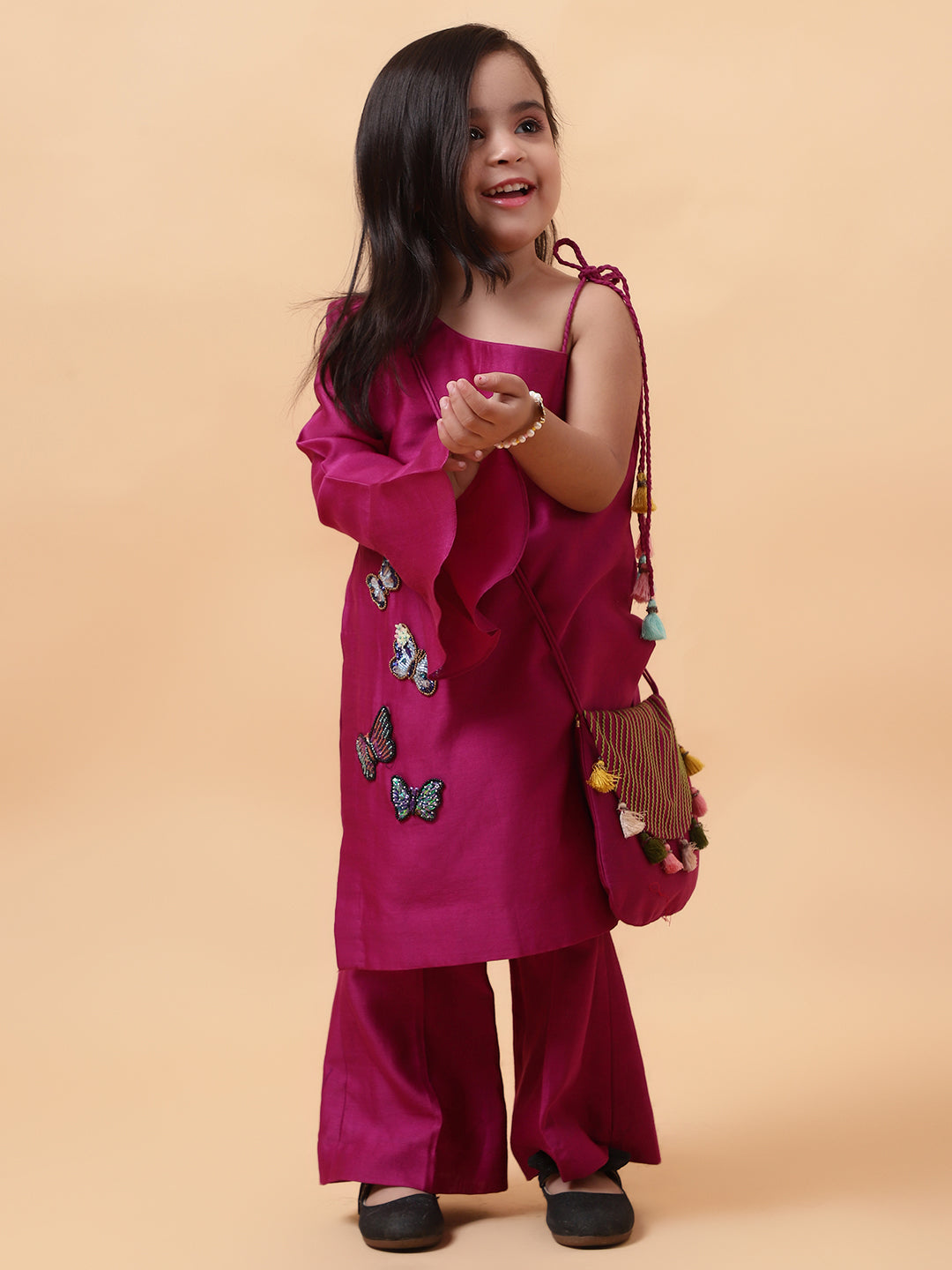 Magenta Purple Chanderi Silk Hand Embroidered One-Shoulder Kurta Set For Girls