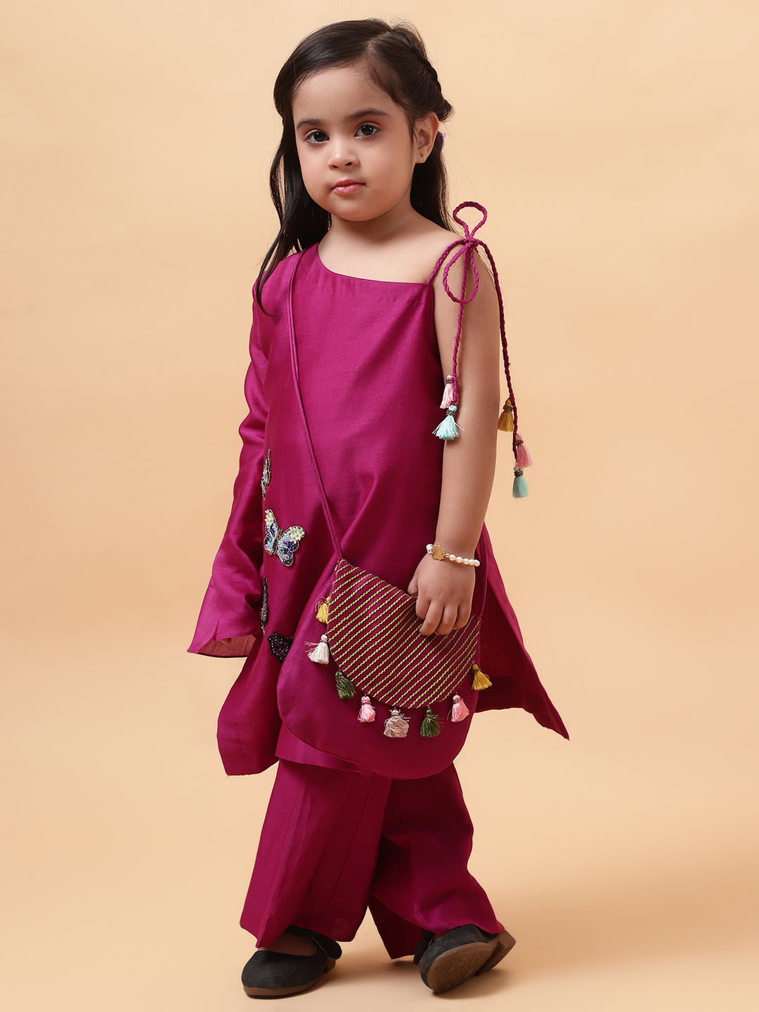 Magenta Purple Chanderi Silk Hand Embroidered One-Shoulder Kurta Set For Girls