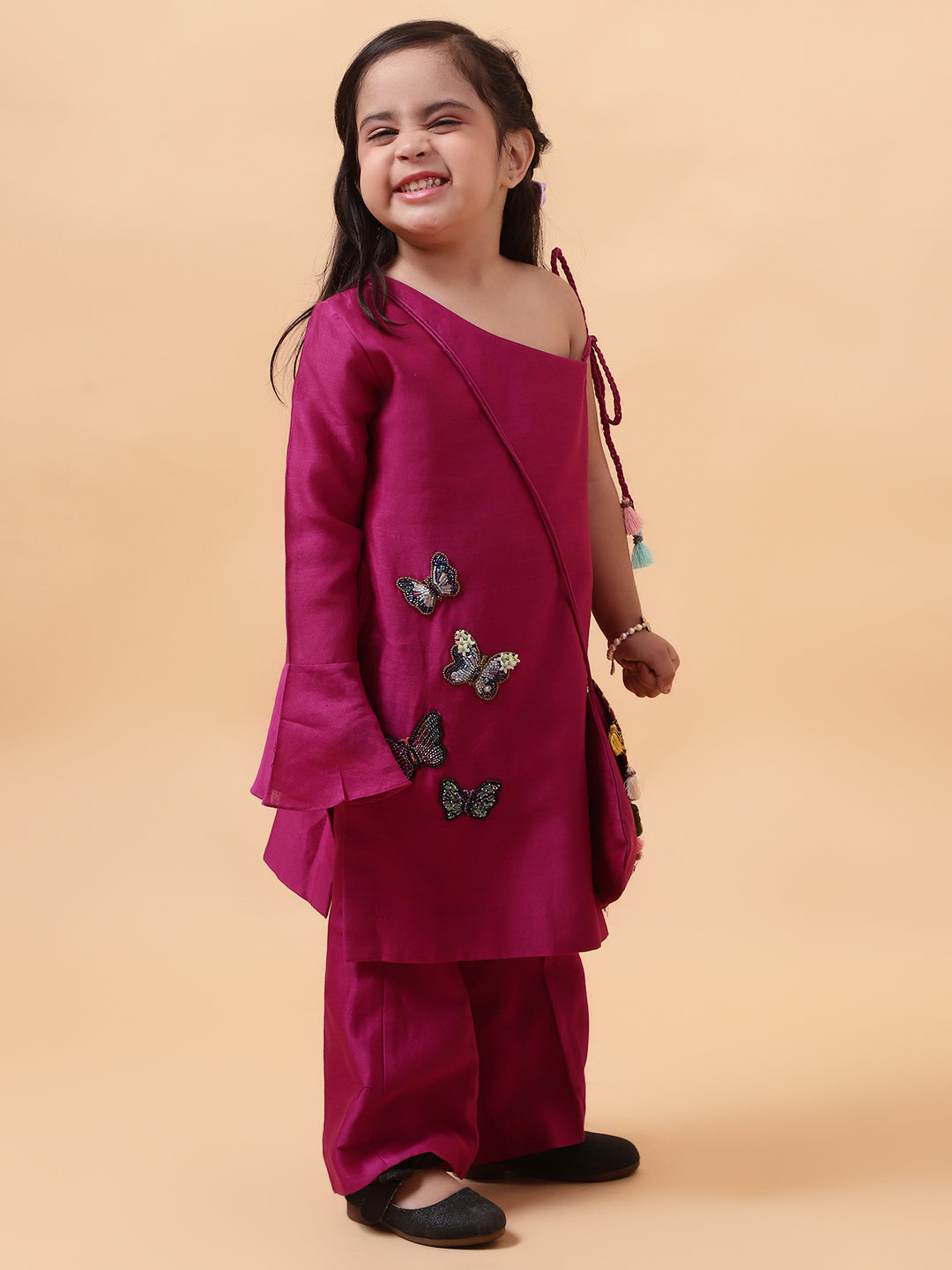 Magenta Purple Chanderi Silk Hand Embroidered One-Shoulder Kurta Set For Girls