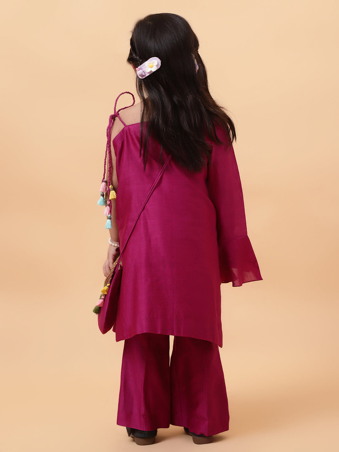Magenta Purple Chanderi Silk Hand Embroidered One-Shoulder Kurta Set For Girls