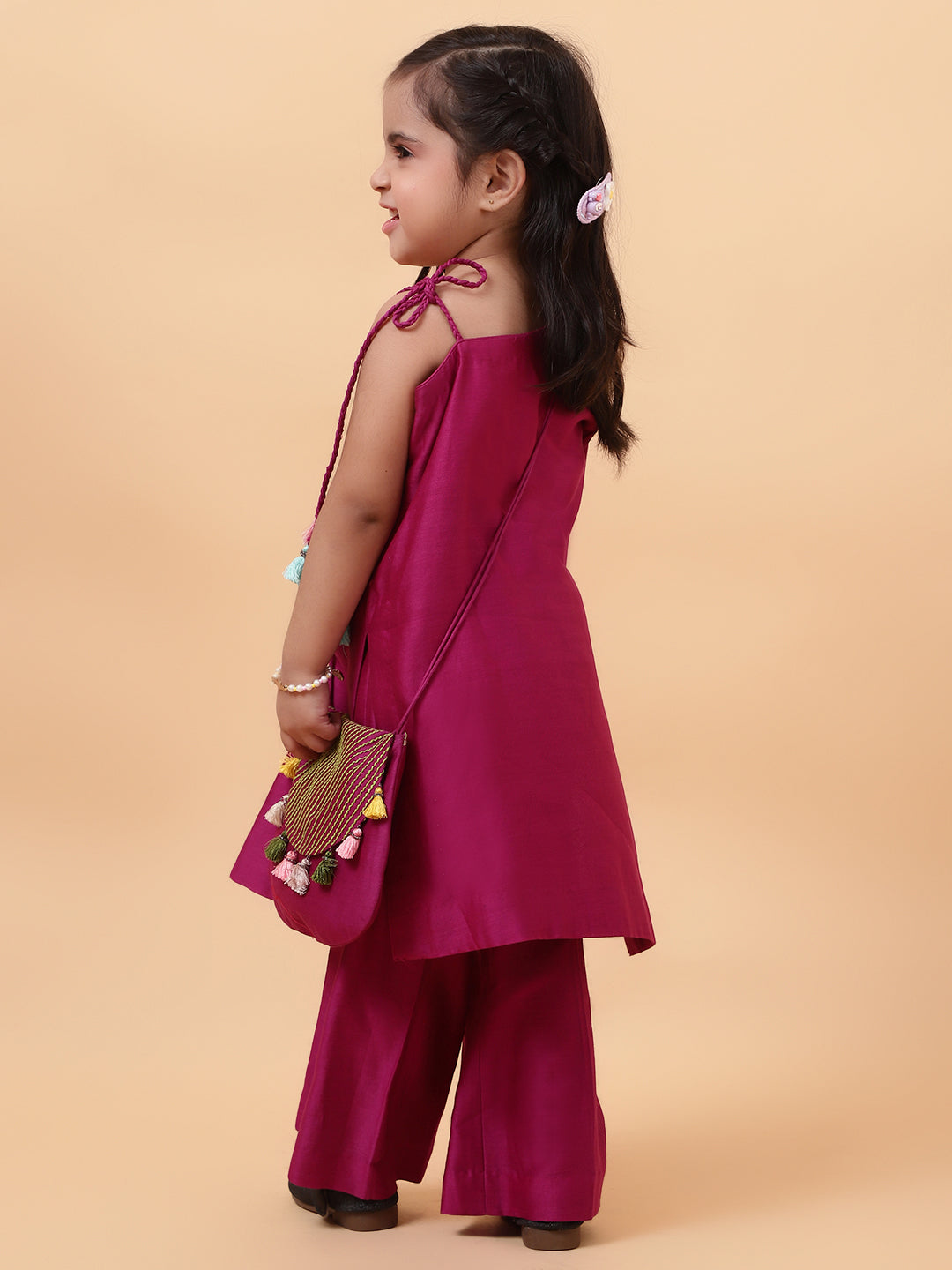 Magenta Purple Chanderi Silk Hand Embroidered One-Shoulder Kurta Set For Girls